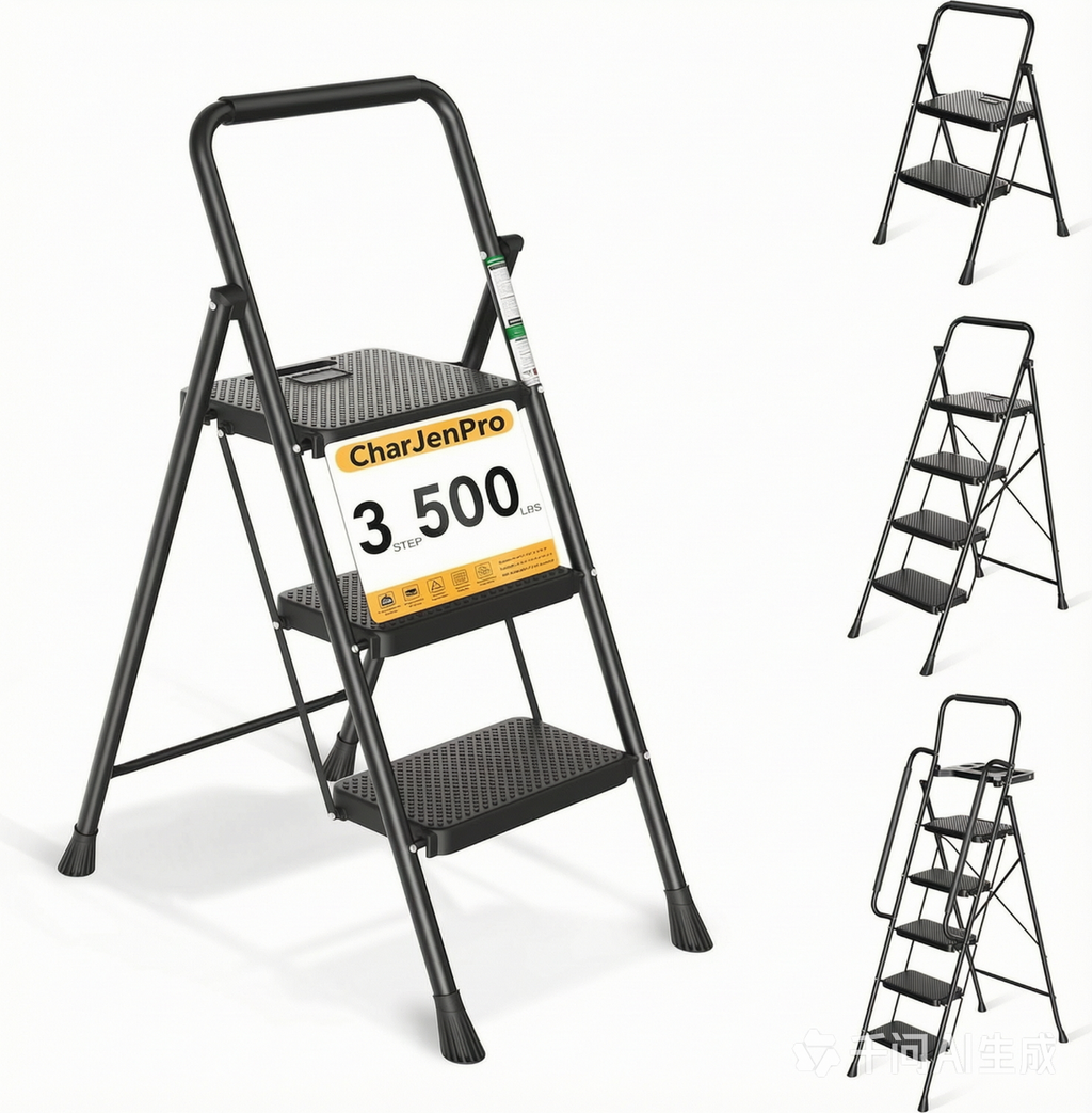 CharJenPro Step Ladder, Folding Step Stool with Wide Anti-Slip Pedals, Sturdy Steel Ladder with Handrail, Space-Saving, Portable for Home & Adults, 3 Step Ladder