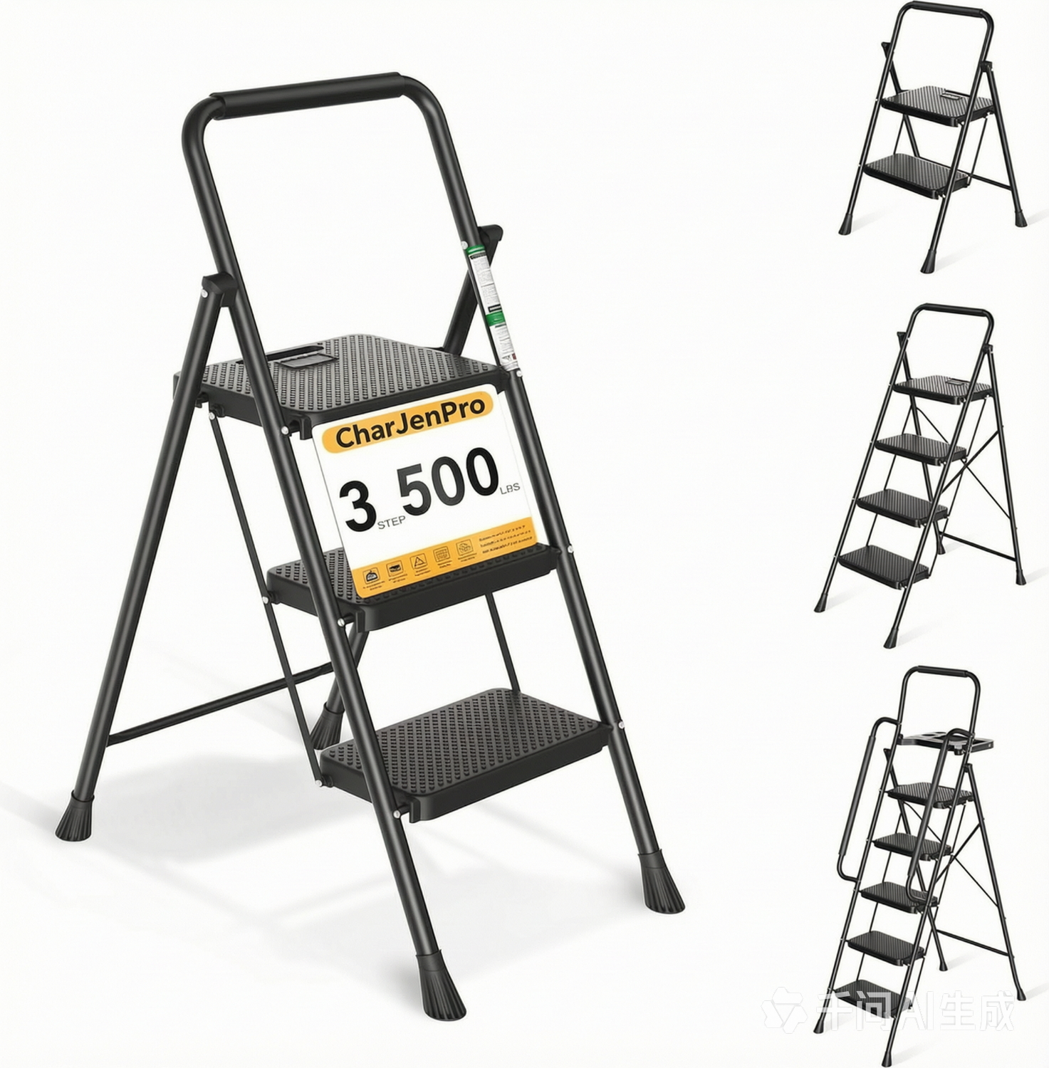 CharJenPro Step Ladder, Folding Step Stool with Wide Anti-Slip Pedals, Sturdy Steel Ladder with Handrail, Space-Saving, Portable for Home & Adults, 3 Step Ladder