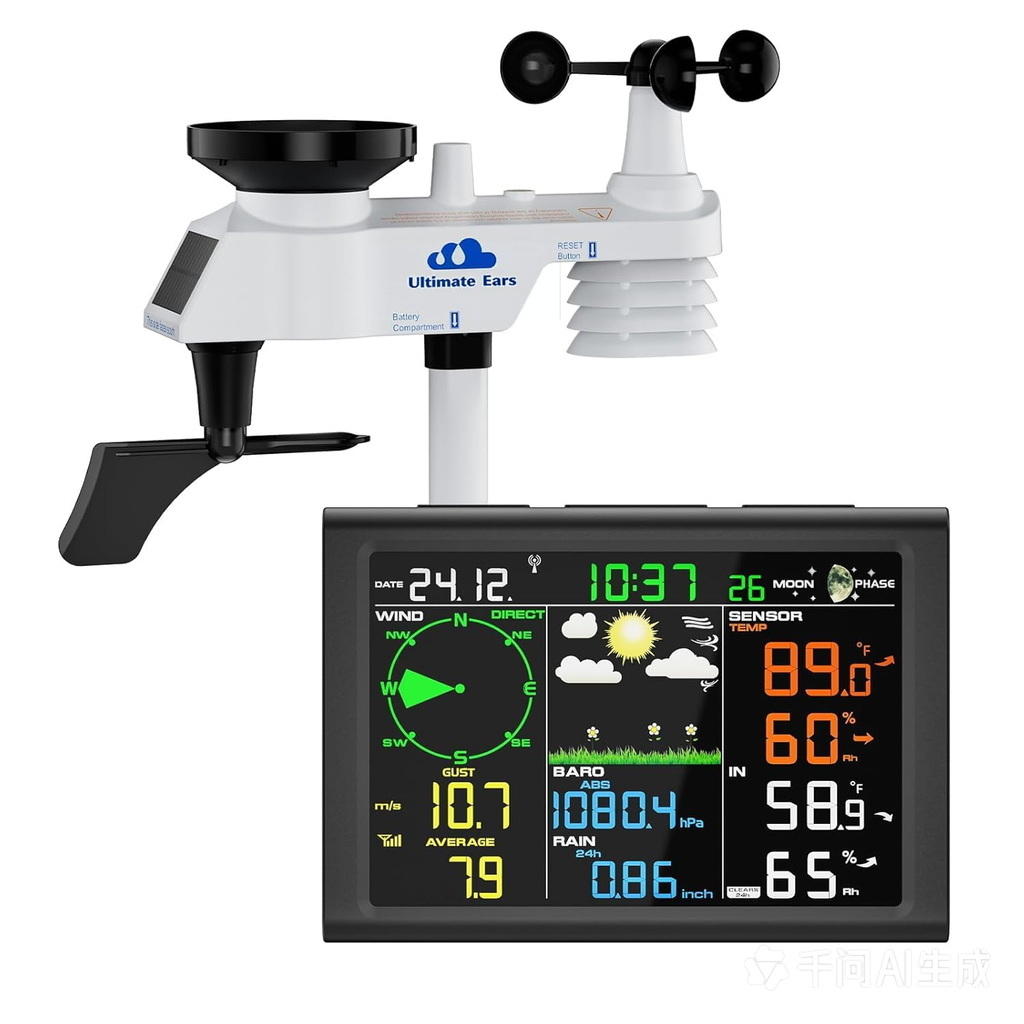 Ultimate Ears Wireless Weather Station with Outdoor Wireless Sensor,Radio Controlled Clock,Rain Gauge,Wind Speed/Direction,Moon Phase, Barometer,Temperature/Humidity,Weather Forecast (NO WiFi)