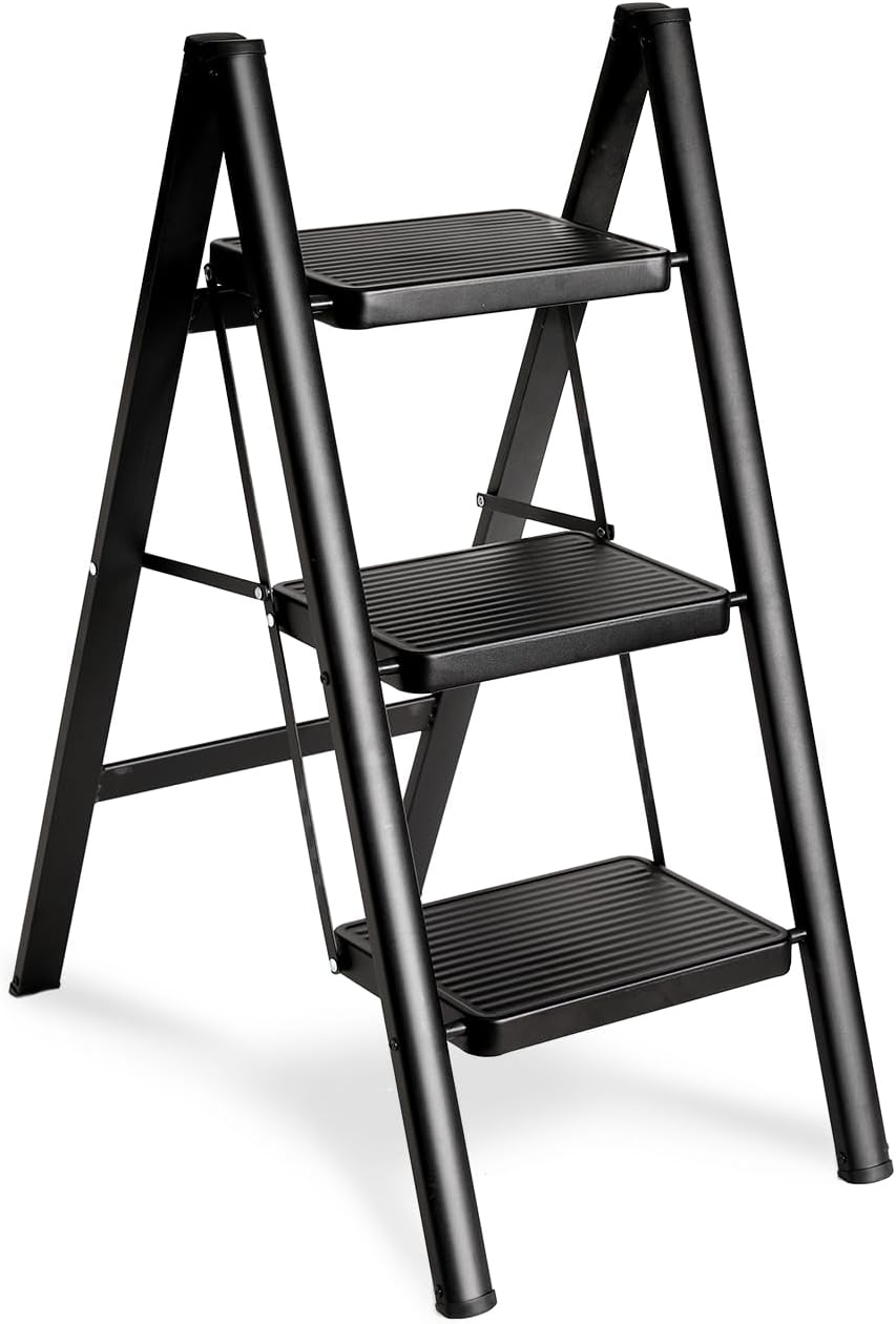 CharJenPro Folding 3 Step Ladder, Sturdy 330 Lbs Load Small Step Stool for Adults, Safer Full Steel Multi-use Kitchen Ladder for Home, Closet Step Stool Ladder with Wide Pedals, Black, 3-Step
