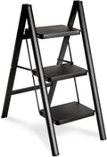 CharJenPro Folding 3 Step Ladder, Sturdy 330 Lbs Load Small Step Stool for Adults, Safer Full Steel Multi-use Kitchen Ladder for Home, Closet Step Stool Ladder with Wide Pedals, Black, 3-Step