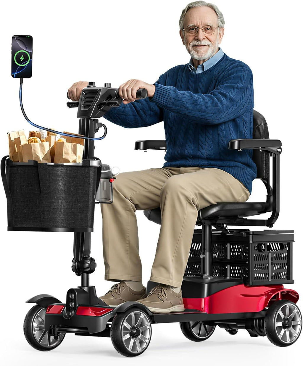 Mobility Scooter for Adults, 4 Wheel Motorized Mobility Scooter w/Storage Basket, 350LBS Capacity & Detachable Battery, 15Miles Electric Powered Mobility for Outdoor (Red, 15 MI-5)