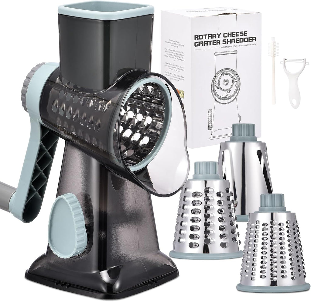 Rotary Cheese Grater with Handle Kitchen Shredder Slicer Grater Slicer Ice Shaver Cheese Vegetable Nuts Potato Zucchini Chocolate 3 Interchangeable Blades (GreyBlue