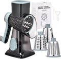 Rotary Cheese Grater with Handle Kitchen Shredder Slicer Grater Slicer Ice Shaver Cheese Vegetable Nuts Potato Zucchini Chocolate 3 Interchangeable Blades (GreyBlue