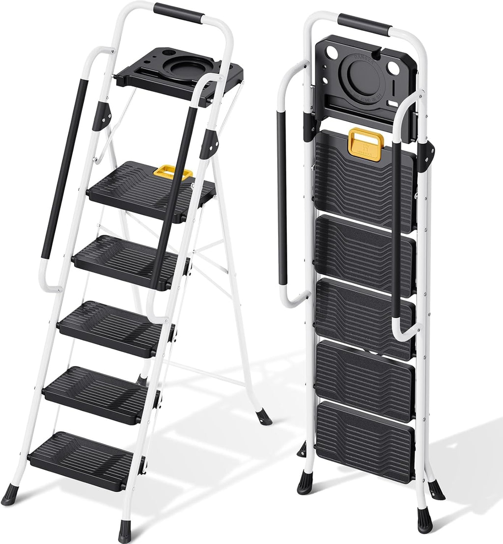 CharJenPro Folding 5-Step Ladder, 800 lbs Capacity Step Stool with Safety Lock, Tool Tray, Non-Skid Wide Steps, Handrail, Household Folding Ladder for Home, Garden, Painting, Outdoor, and Garage, White