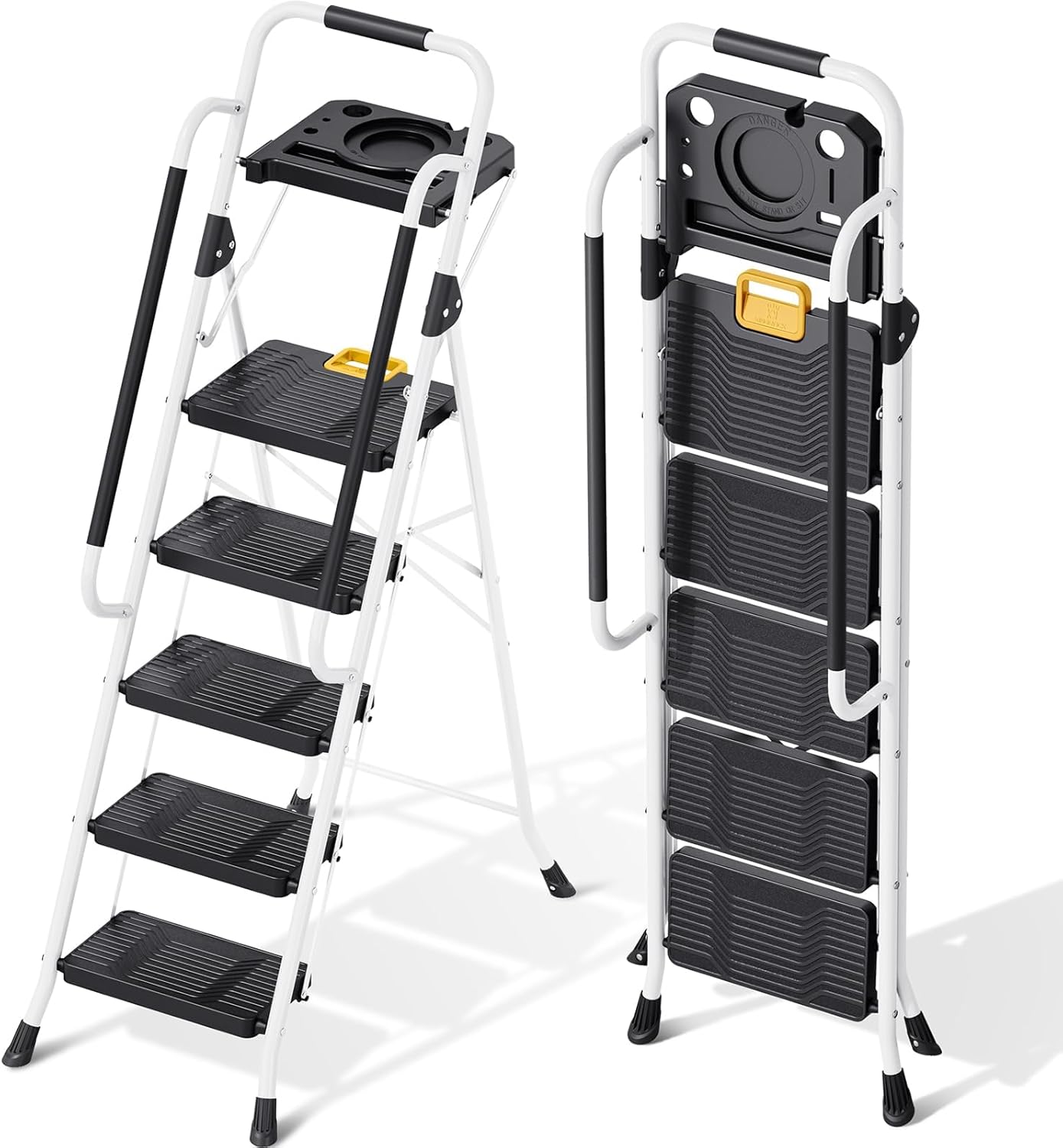 CharJenPro Folding 5-Step Ladder, 800 lbs Capacity Step Stool with Safety Lock, Tool Tray, Non-Skid Wide Steps, Handrail, Household Folding Ladder for Home, Garden, Painting, Outdoor, and Garage, White