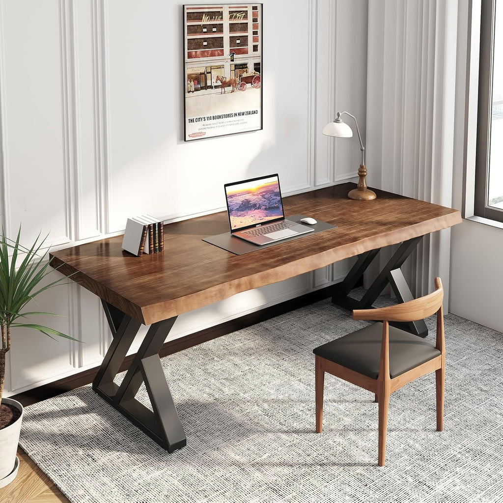 Ultimate Ears Solid Wood Desk 55 inches, Home Office Computer Desk Wooden Rustic Writing Desk Metal Modern Simple Design Executive Real Wood Desk(Rustic Brown)