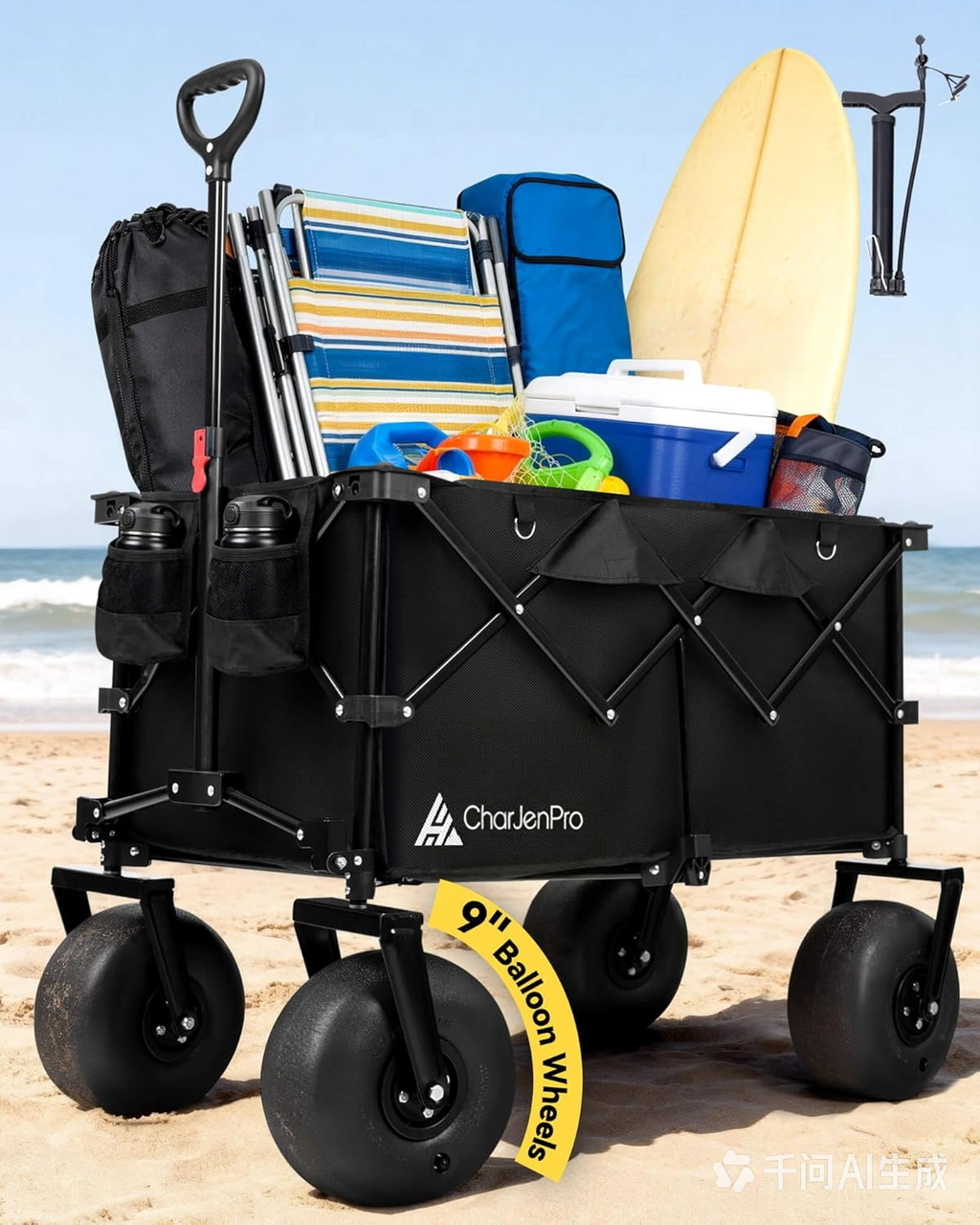 CharJenPro Beach Wagon with Balloon Wheels, 9" PU Tires Collapsible Wagon, 440lbs Heavy Duty Beach Cart with Big Wheels for Sand, Large Capacity Utility Wagons Carts Visit the CharJenPro Store