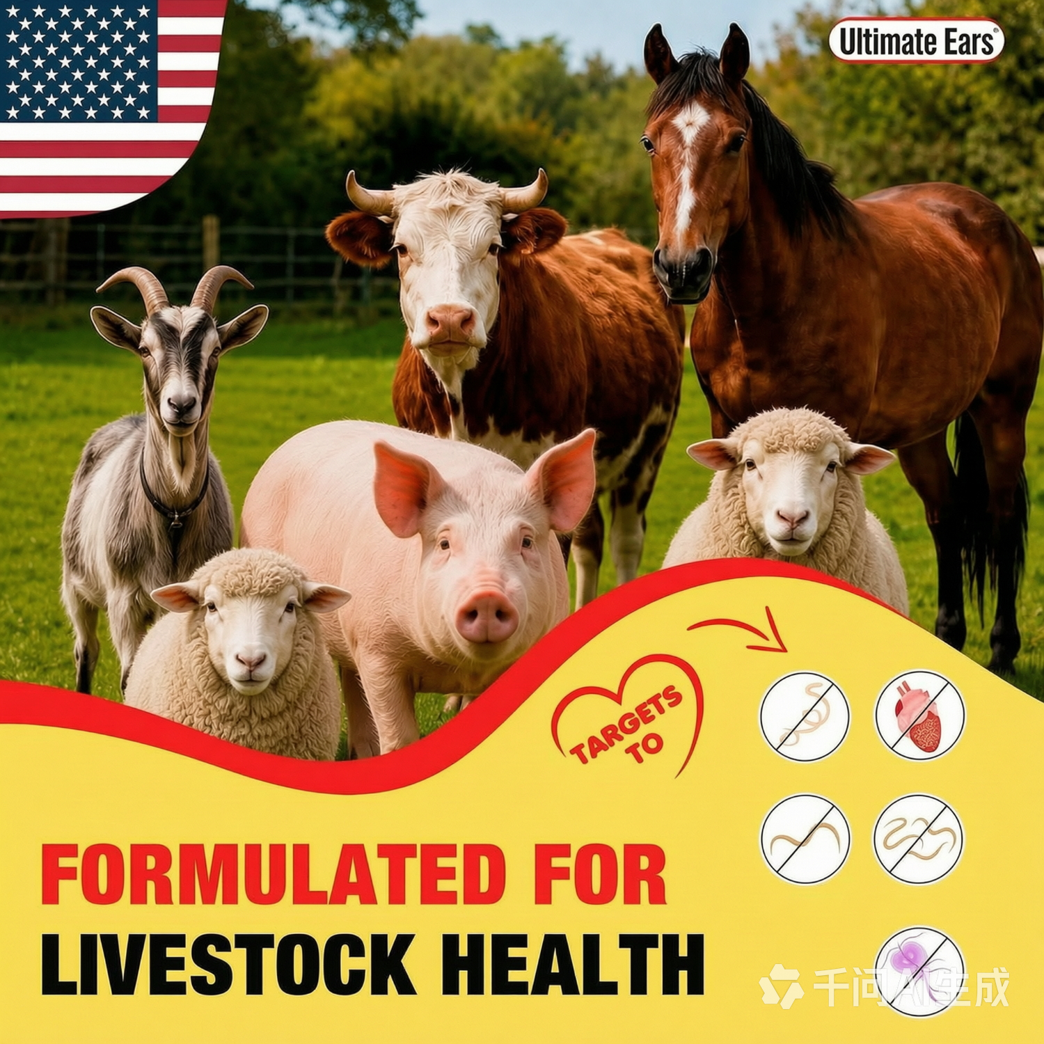 Ultimate Ears Dewormer for Horse, Dewormer for Goat and Cattle & More, Ivermectin Liquid for All Wormers, Tapeworms, Roundworms & Hookworms