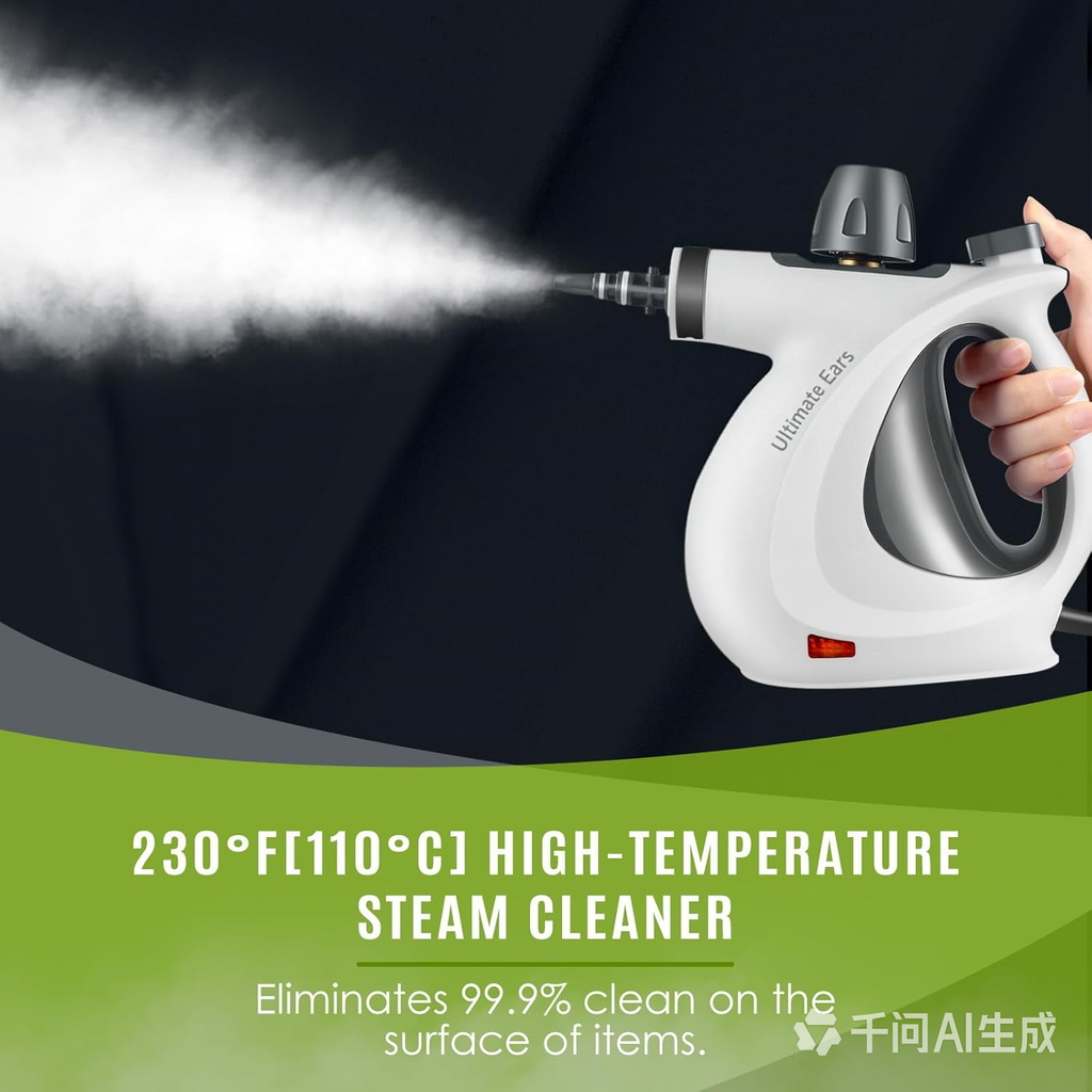 Ultimate Ears Pressurized Handheld Multi-Surface Natural Steam Cleaner with 12 pcs Accessories, Multi-Purpose Steamer for Home Use, Steamer for Cleaning Floor, Upholstery, Grout and Car (Grey)