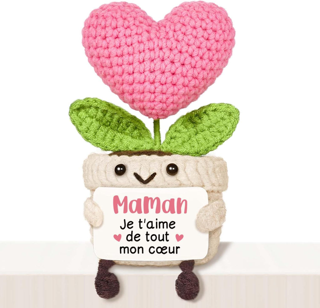 PSIL Cadeau Maman, Cadeau Anniversaire Maman - Décoration en Forme de Cœur Tricotée Rose, Cadeaux Fete des Meres, Cadeaux Mere Noel