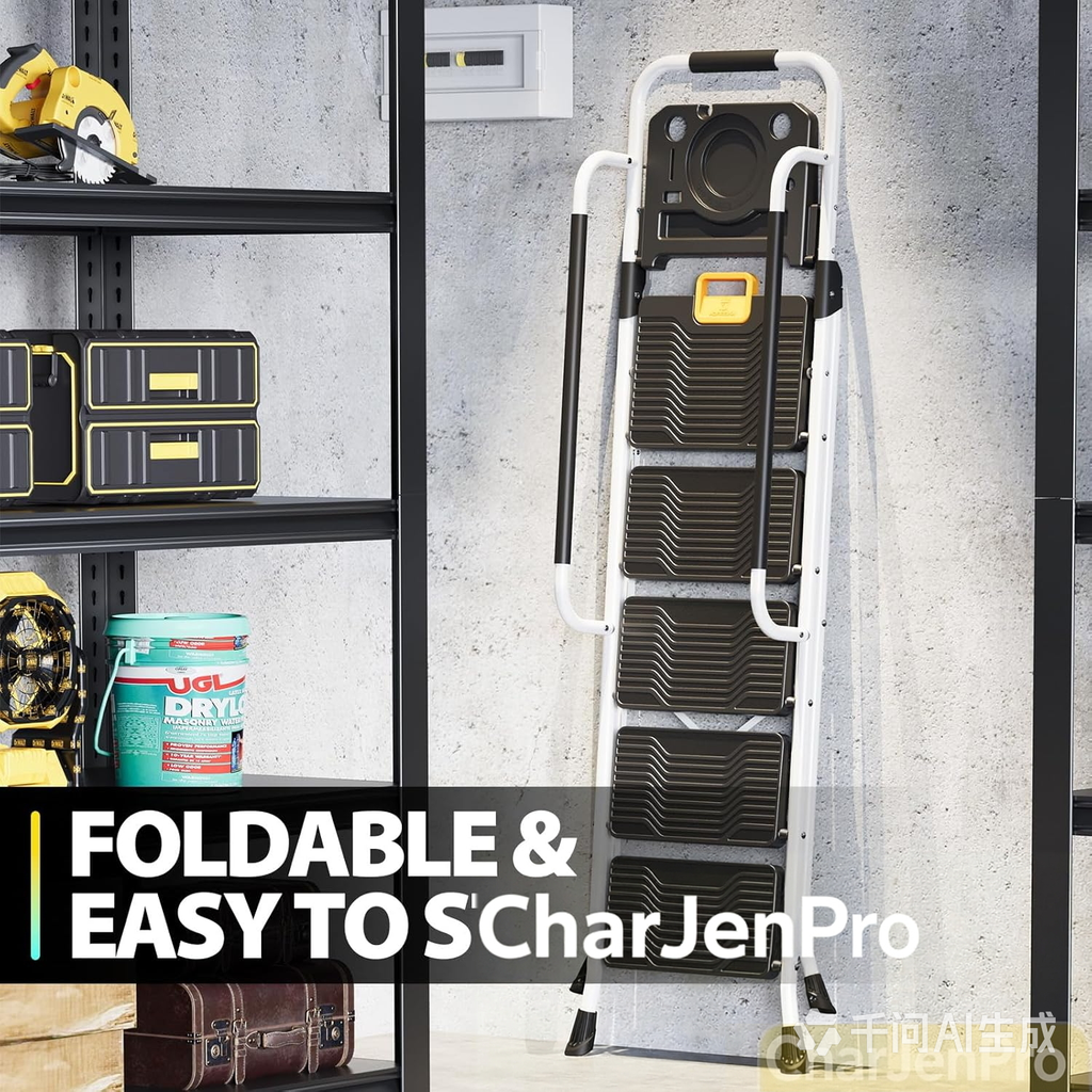CharJenPro Folding 5-Step Ladder, 800 lbs Capacity Step Stool with Safety Lock, Tool Tray, Non-Skid Wide Steps, Handrail, Household Folding Ladder for Home, Garden, Painting, Outdoor, and Garage, White