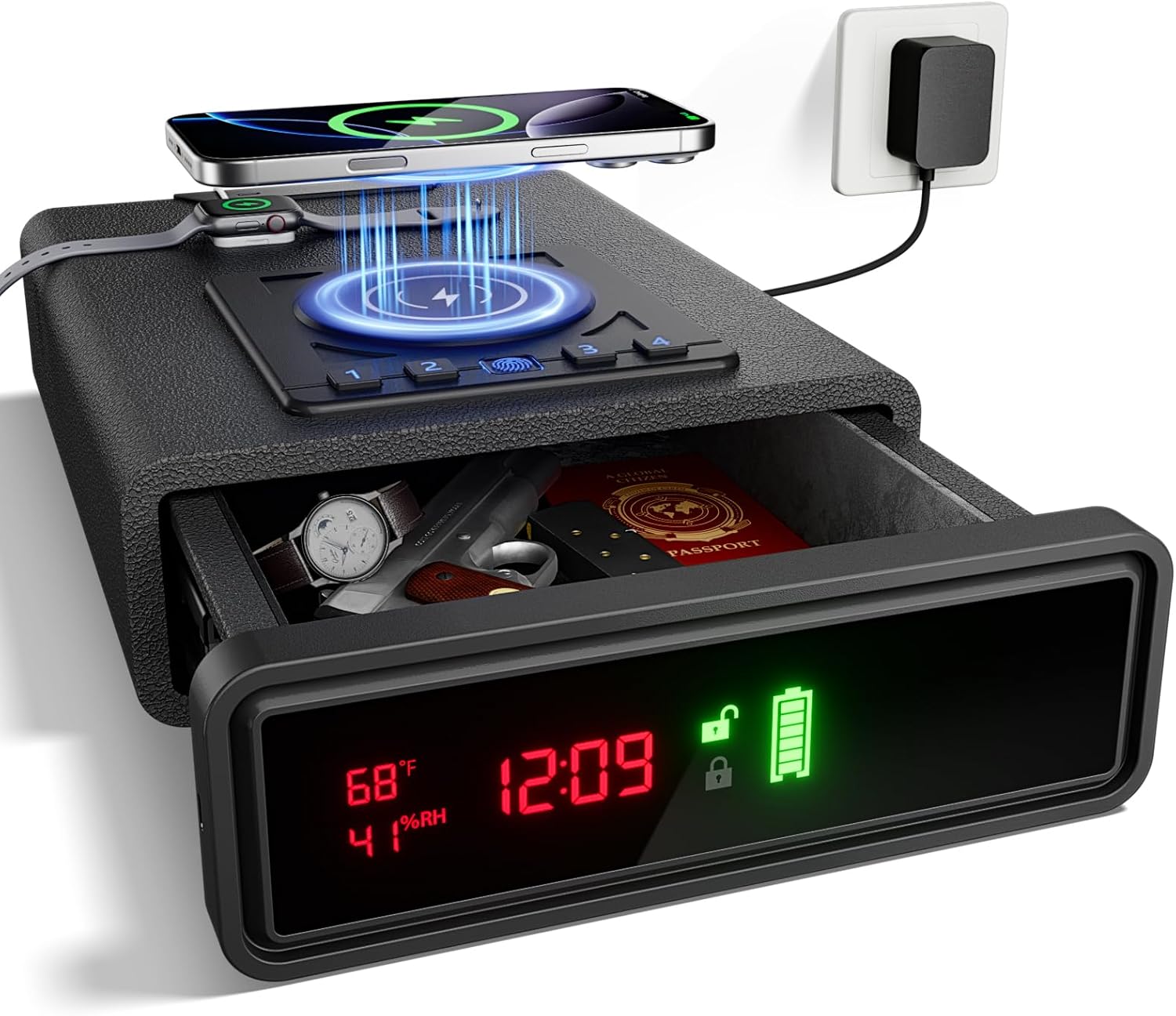 PSIL Biometric Smart Gun Safe with Wireless Charging, 3 Quick Access Money Box with Fingerprint - Compact Bedside Drawer Safe, 24/7 Digital Clock handgun safe,Gifts for Father's Day