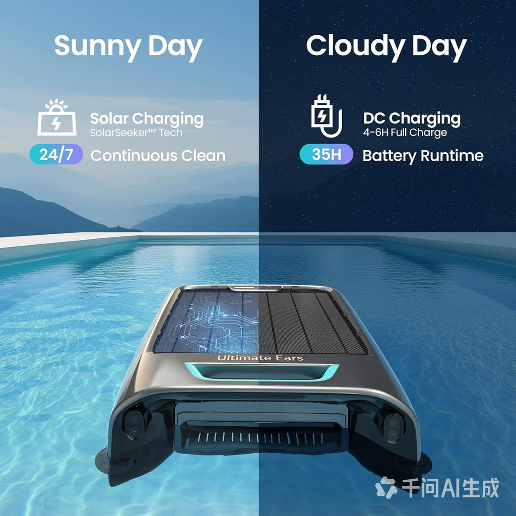 Ultimate Ears  EcoSurfer S2 Solar Powered Pool Surface Skimmer Robot with APP Support, 24/7 Continuous Cleaning, Dual Charging Modes, Smart Obstacle Avoidance, 150-um Filtration, OTA Upgrade, Gray