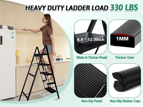 CharJenPro 5-Step Folding Ladder for Home Use, Heavy-Duty Step Ladder with Anti-Slip Wide Steps, Portable Foldable Ladder, 330 lbs Load Capacity
