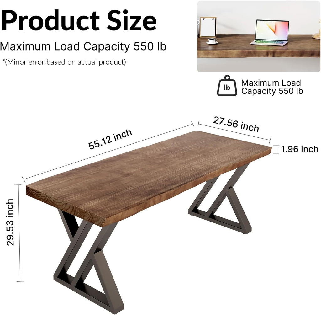 Ultimate Ears Solid Wood Desk 55 inches, Home Office Computer Desk Wooden Rustic Writing Desk Metal Modern Simple Design Executive Real Wood Desk(Rustic Brown)
