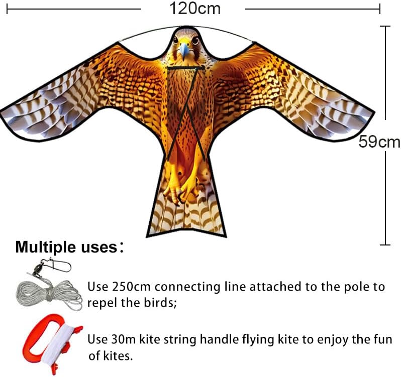 PSIL Bird Hawk Kite for Garden & Farm & Field to Bird Control and Protect Crop, Exquisite Fabrics and Unique Structure Design. Add 30m kite string handle, Multiple uses. (Without pole)