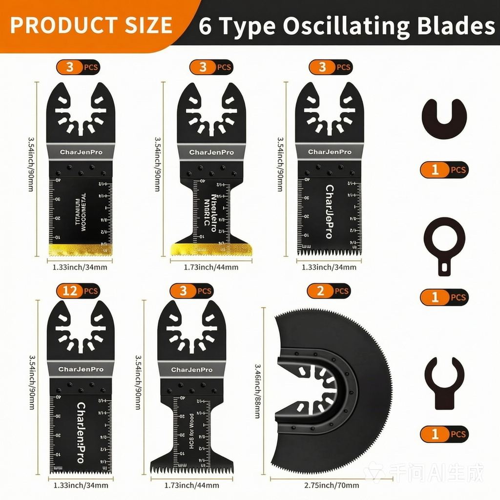 CharJenPro 26pcs Oscillating Saw Blades Titanium Multitool Blades for Wood Plastics Metal oscillating Tool Blades Kits Fit Rockwell Ridgid Ryobi Milwaukee Chicago Craftsman Dewalt