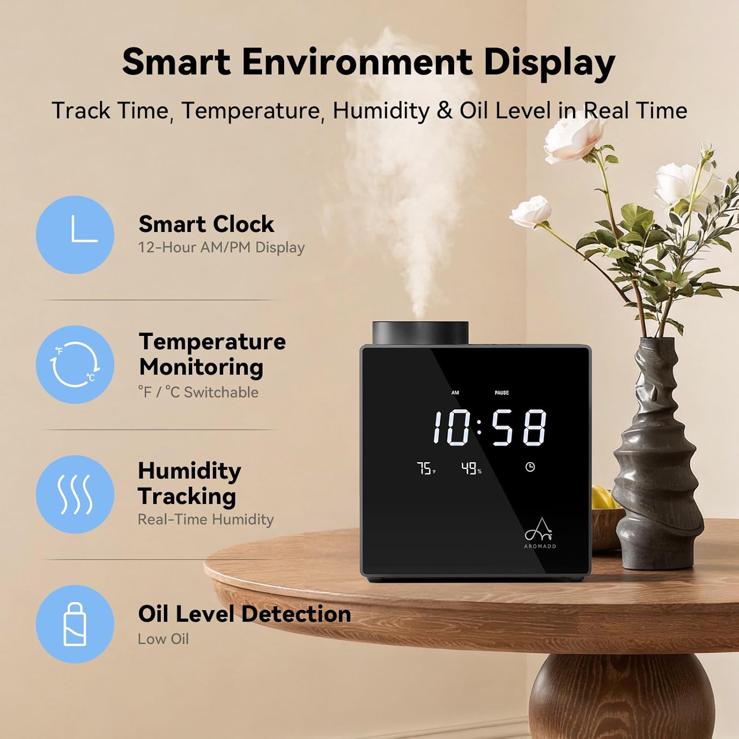 Ultimate Ears 2026 Smart Waterless Diffuser, 2000 Sq.Ft Cold Air Scent Diffuser with Clock & Environmental Display | 7 Fragrance Levels, 9 Timer Settings, Hotel Collection Diffuser for Home & Large Rooms (Black)