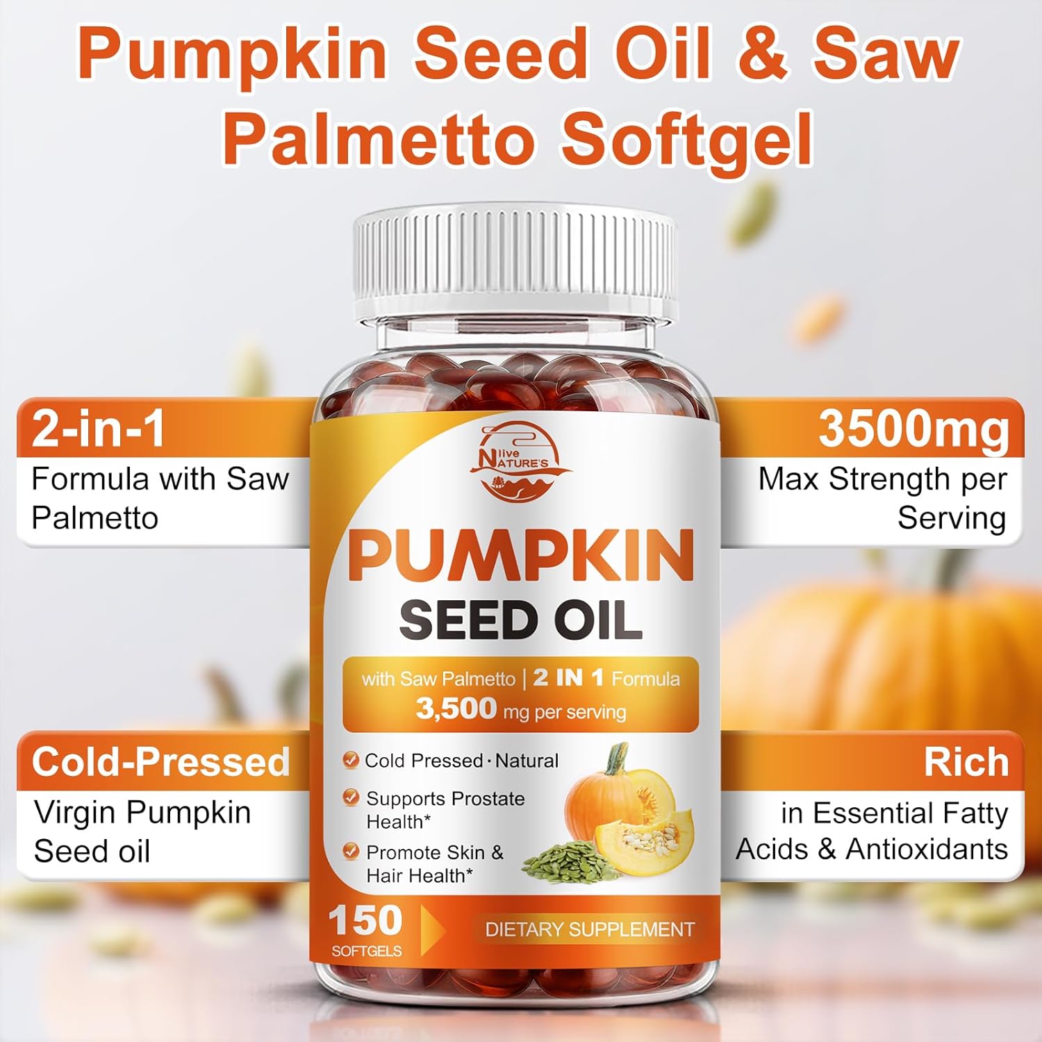 Ultimate Ears Pumpkin Seed Oil with Saw Palmetto, 3500mg Max Strength per Serving, 150 Softgels, Cold-Pressed with Essential Fatty Acids & Phytosterols, Supports Hair, Bladder Prostate Health & Immune