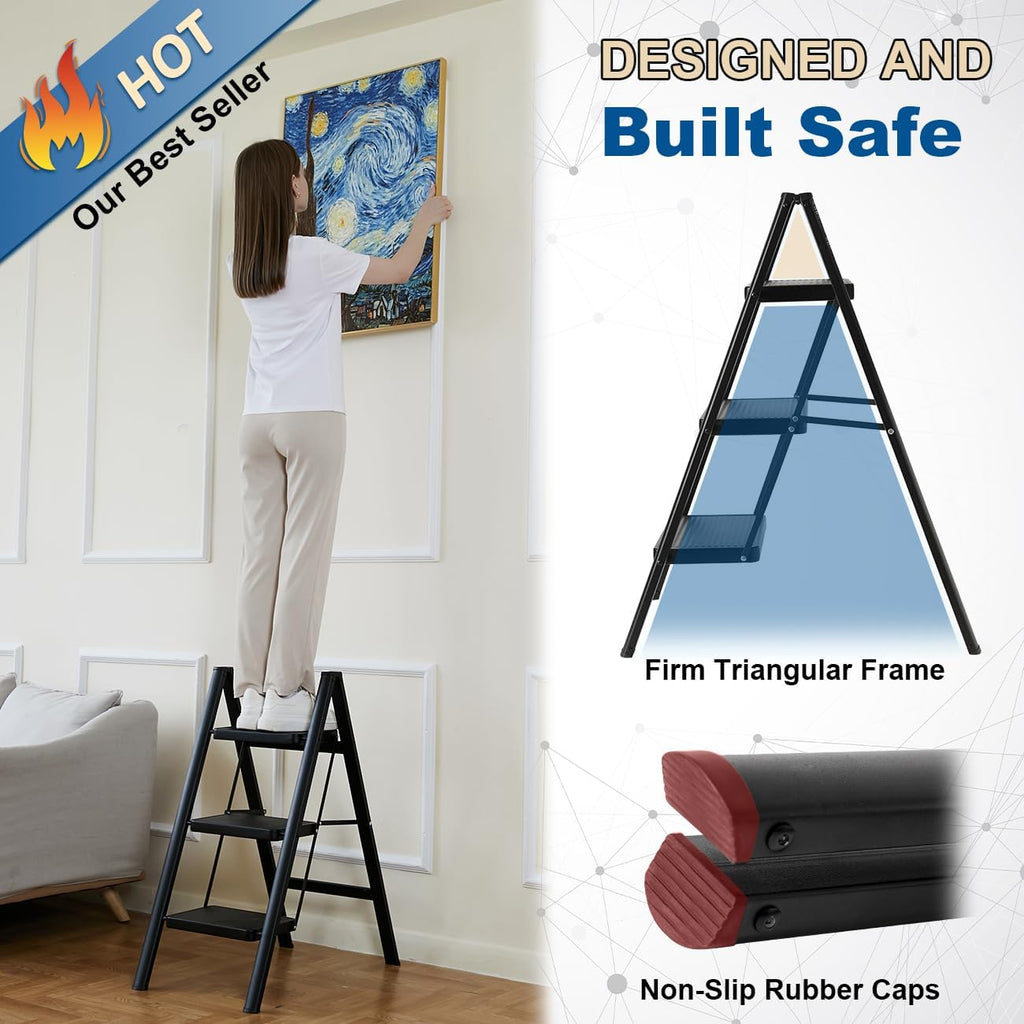 CharJenPro Folding 3 Step Ladder, Sturdy 330 Lbs Load Small Step Stool for Adults, Safer Full Steel Multi-use Kitchen Ladder for Home, Closet Step Stool Ladder with Wide Pedals, Black, 3-Step