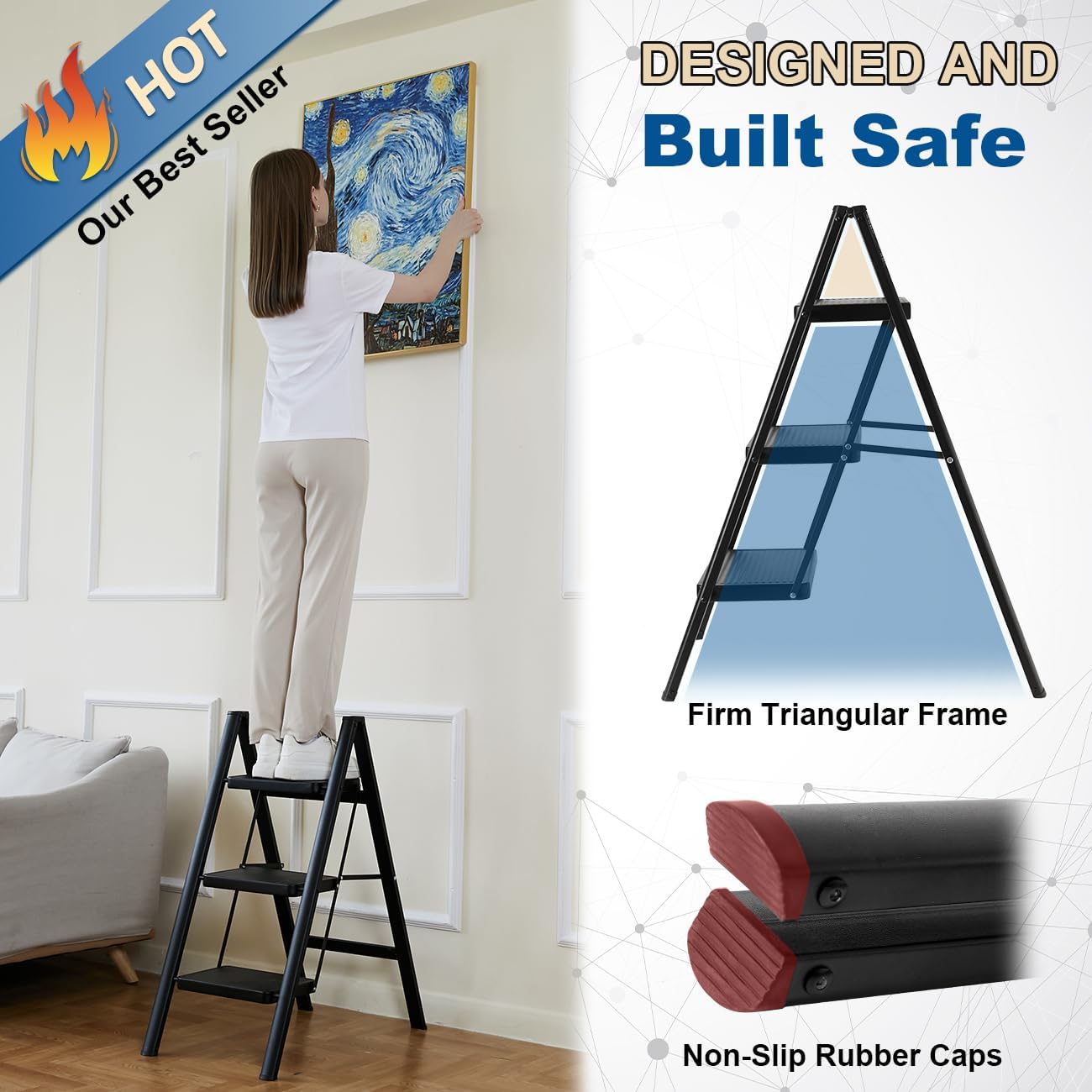 CharJenPro Folding 3 Step Ladder, Sturdy 330 Lbs Load Small Step Stool for Adults, Safer Full Steel Multi-use Kitchen Ladder for Home, Closet Step Stool Ladder with Wide Pedals, Black, 3-Step