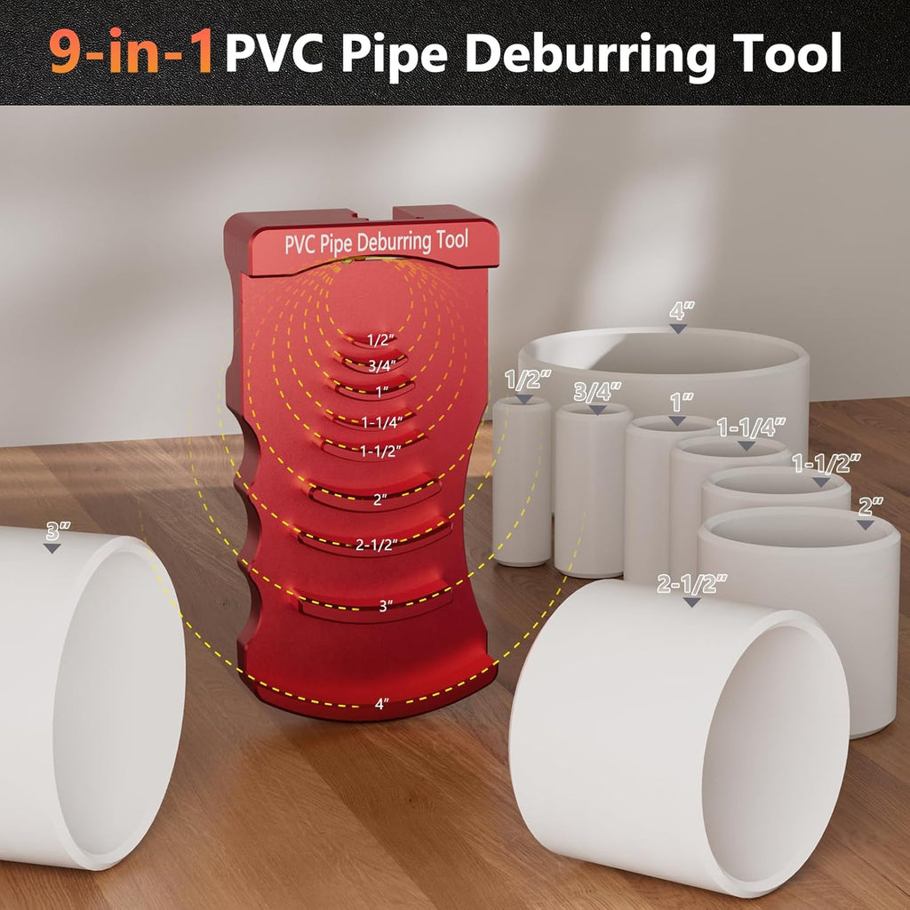 Ultimate Ears 9-in-1 PVC Pipe Deburring Tool, Adjustable Chamfer Tool 0.5"–4", PVC Pipe Reamer, Plastic Pipe Deburr Tool for PVC CPVC ABS PP PE, Plumbing Chamfer Reamer Tool Set (Red)