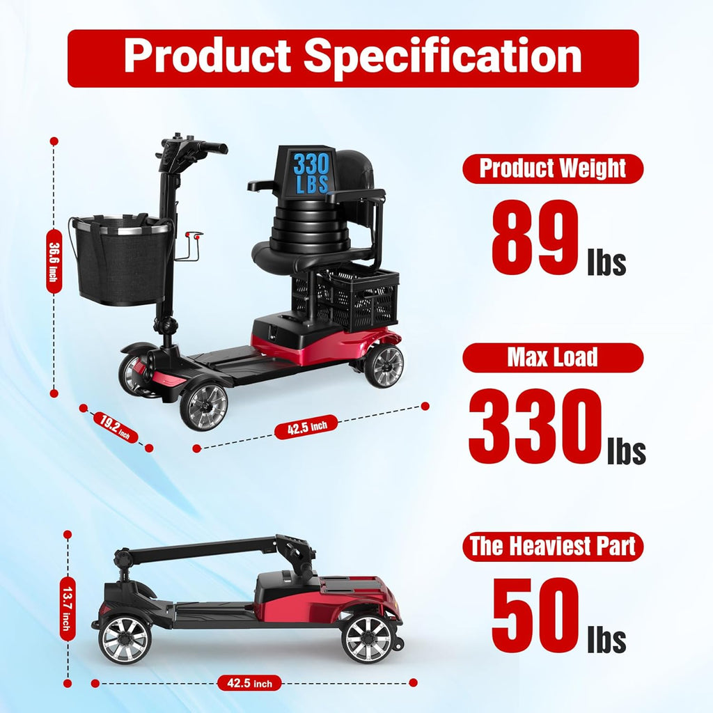 Mobility Scooter for Adults, 4 Wheel Motorized Mobility Scooter w/Storage Basket, 350LBS Capacity & Detachable Battery, 15Miles Electric Powered Mobility for Outdoor (Red, 15 MI-5)