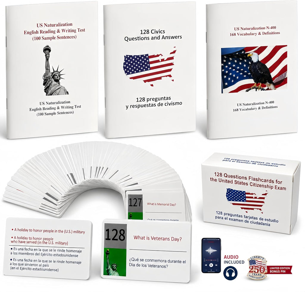 PSIL Upgrade US Citizenship Flash Cards 2026, New Version with Audio, N-400 Vocabulary Definition, Reading & Writing Test, 128 Q&A, Souvenir Pin, English & Spanish Portable Study Guide