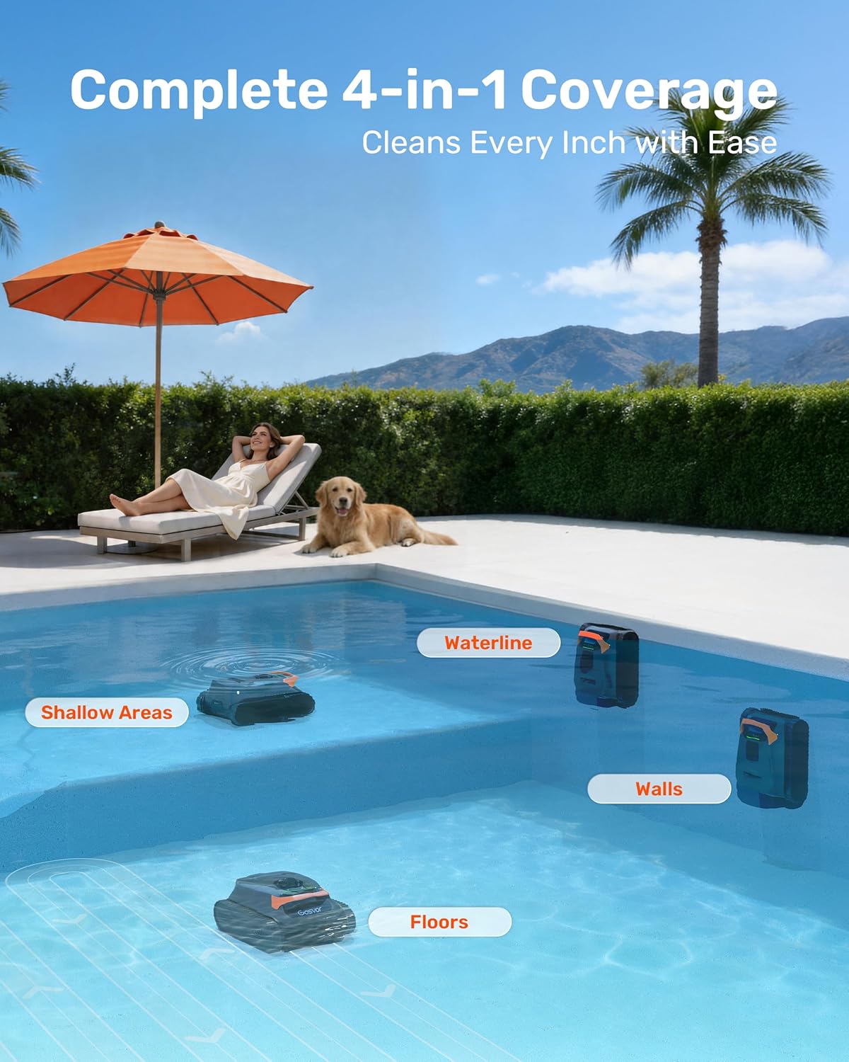 LiteVac G1 Pool Vacuum for Inground & Above Ground Pools, Up to 200 Mins, Floor/Wall/Waterline/Shallow Area Cleaning with Smart Navigation, 15.2 lbs Lightweight, Double Filtration, Orange