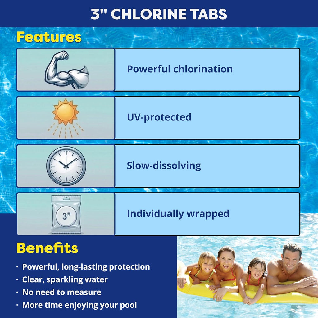 In The Ultimate Ears 3 Inch Stabilized Chlorine Tablets for Sanitizing Swimming Pools - Individually Wrapped, Slow Dissolving - 90% Available Chlorine - Tri-Chlor - 5 Pounds