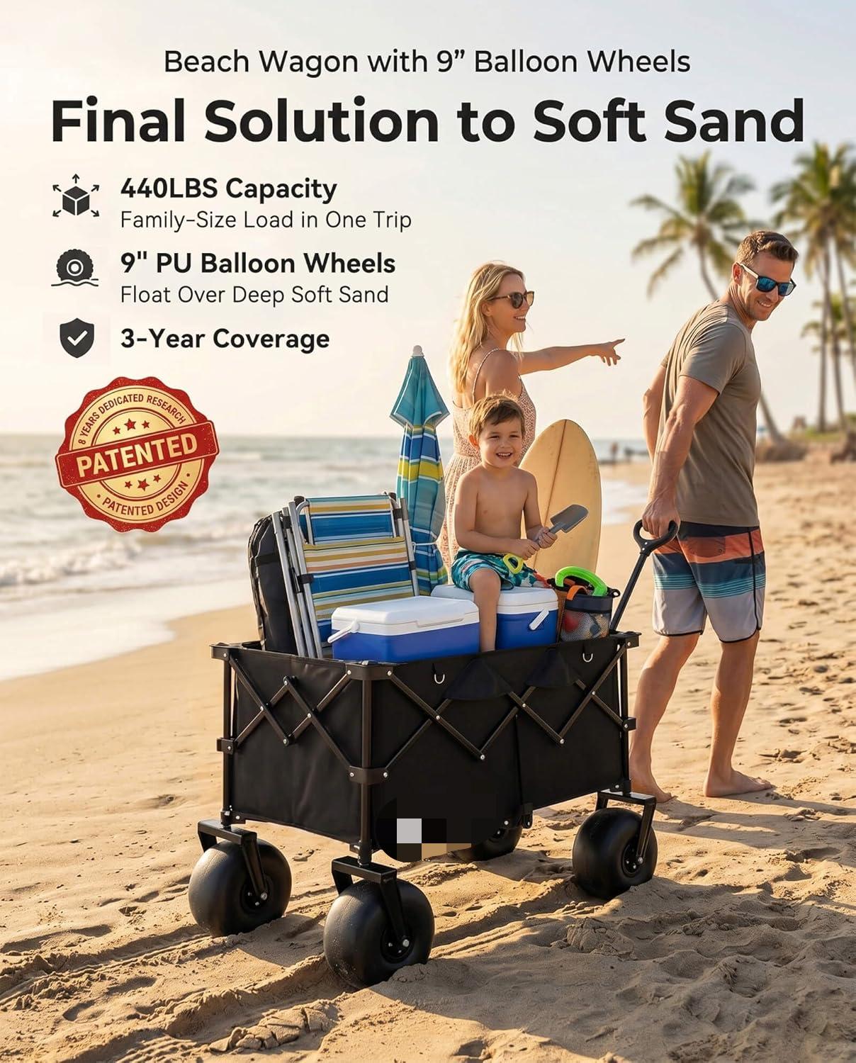 CharJenPro Beach Wagon with Balloon Wheels, 9" PU Tires Collapsible Wagon, 440lbs Heavy Duty Beach Cart with Big Wheels for Sand, Large Capacity Utility Wagons Carts Visit the CharJenPro Store