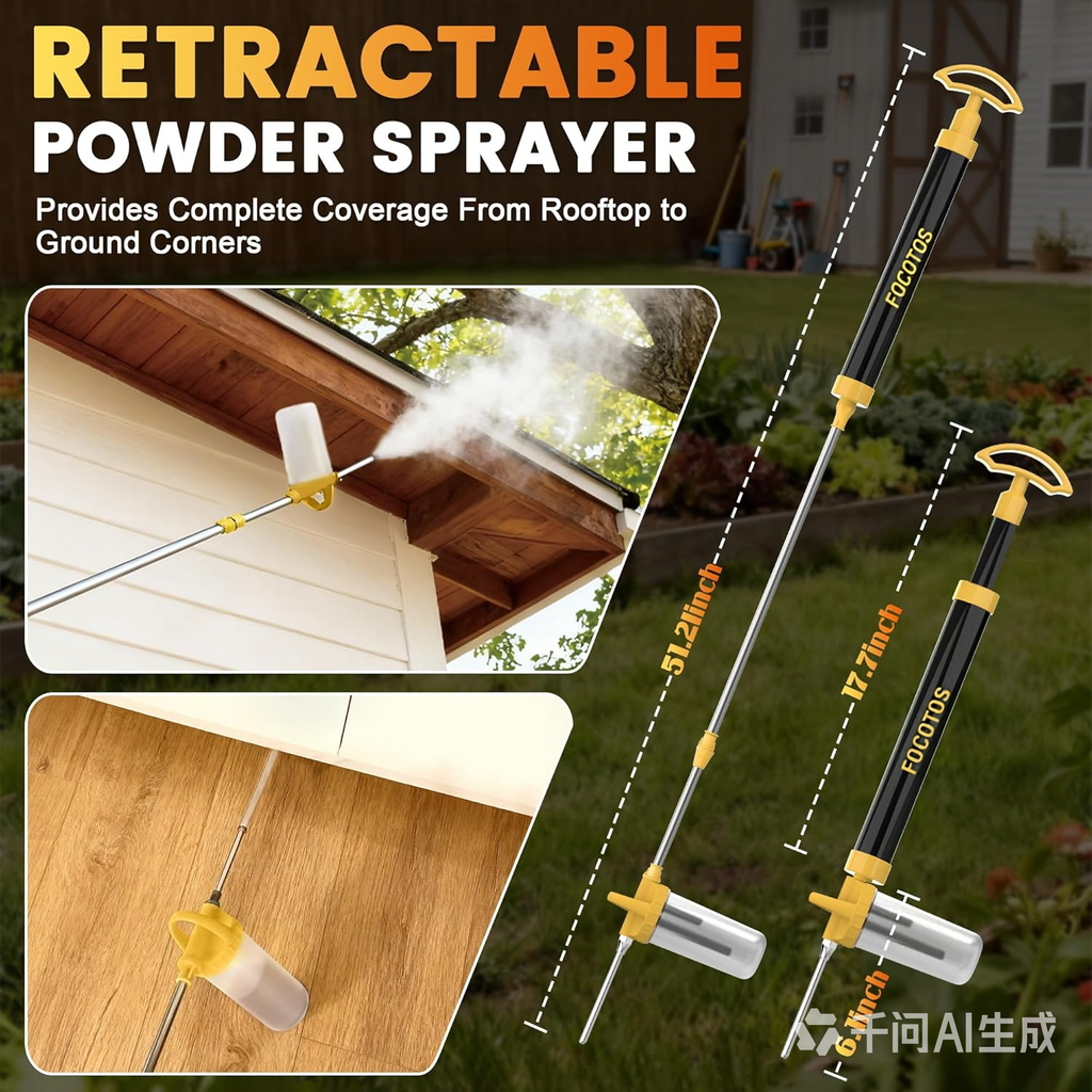 FOCOTOS Diatomaceous Earth Powder Duster, Powder Sprayer with Adjustable Length 4FT, Multi-Purpose Application for Indoor Outdoor Garden (Yellow)