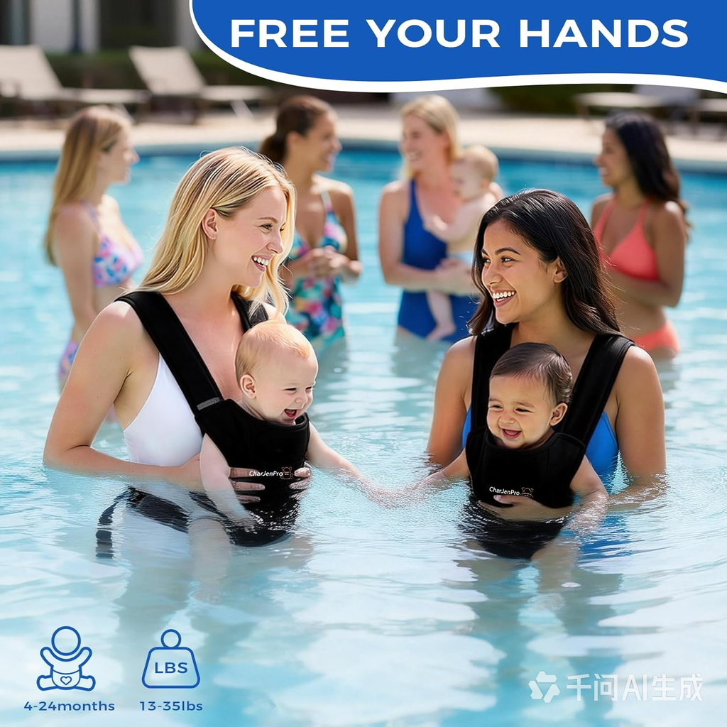 CharJenPro Baby Carrier for Infants & Toddlers – Ergonomic Lightweight Harness, Adjustable for Dad & Mom, Perfect for Pool Beach Hiking Travel, Quick-Dry & Waterproof (Black)