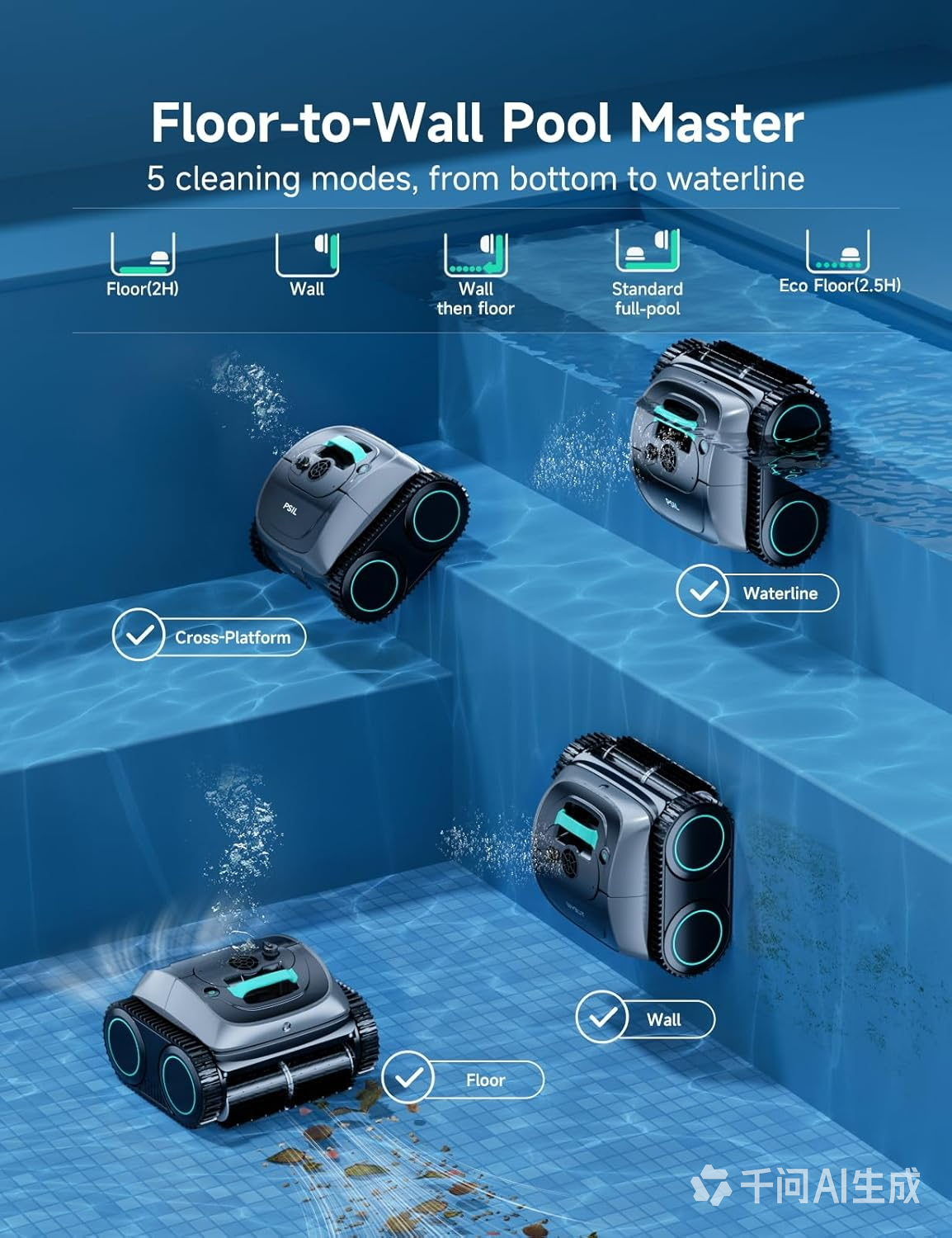(2026 Upgrade) PSIL C1 Cordless Robotic Pool Cleaner, 4-in-1 Pool Vacuum for Inground Pools & Above Ground Pool Up to 150 Mins Runtime, Power Suction with Smart Navigation & APP Control, Lake Green