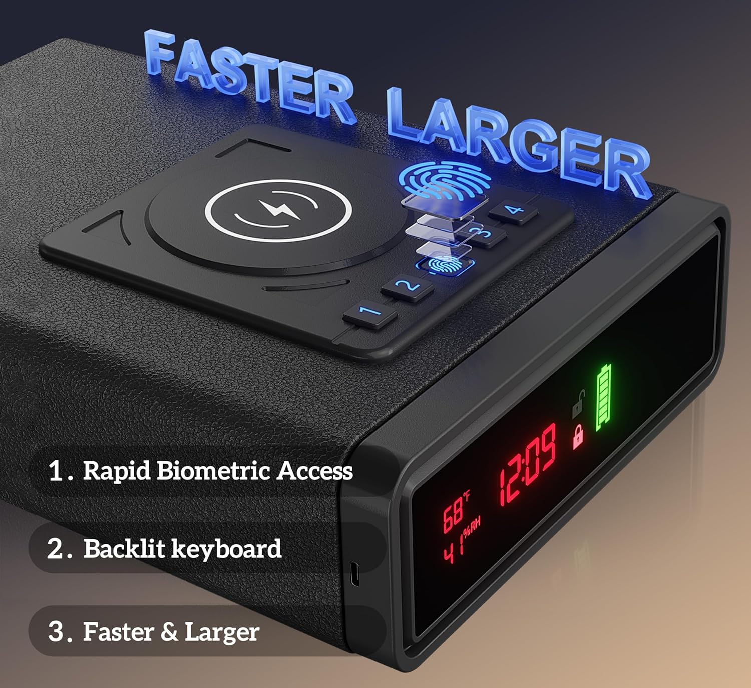 PSIL Biometric Smart Gun Safe with Wireless Charging, 3 Quick Access Money Box with Fingerprint - Compact Bedside Drawer Safe, 24/7 Digital Clock handgun safe,Gifts for Father's Day