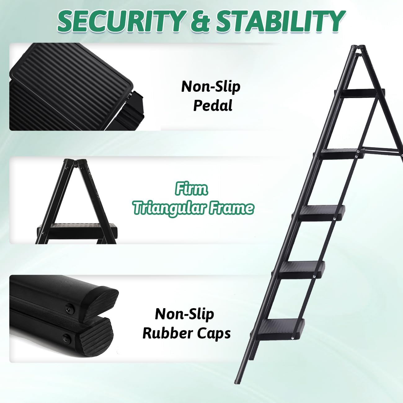 CharJenPro 5-Step Folding Ladder for Home Use, Heavy-Duty Step Ladder with Anti-Slip Wide Steps, Portable Foldable Ladder, 330 lbs Load Capacity