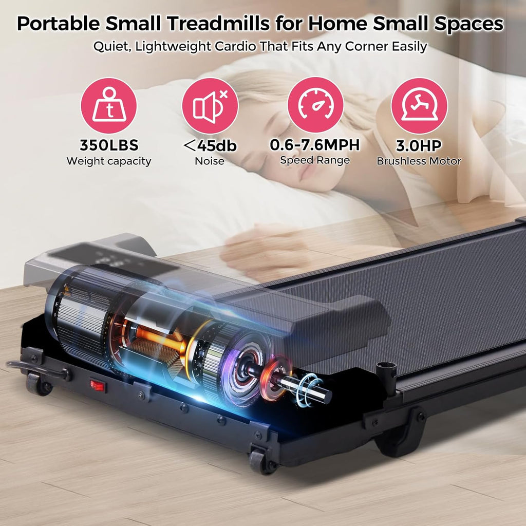 Ultimate Ears Portable Walking Pad Treadmills for Home Small, Electric Mini Walking Treadmill for Exercising, 3.0HP Compact Walking Pad Treadmill with Handle Bar, 0.6-7.6MPH, 350LB Capacity