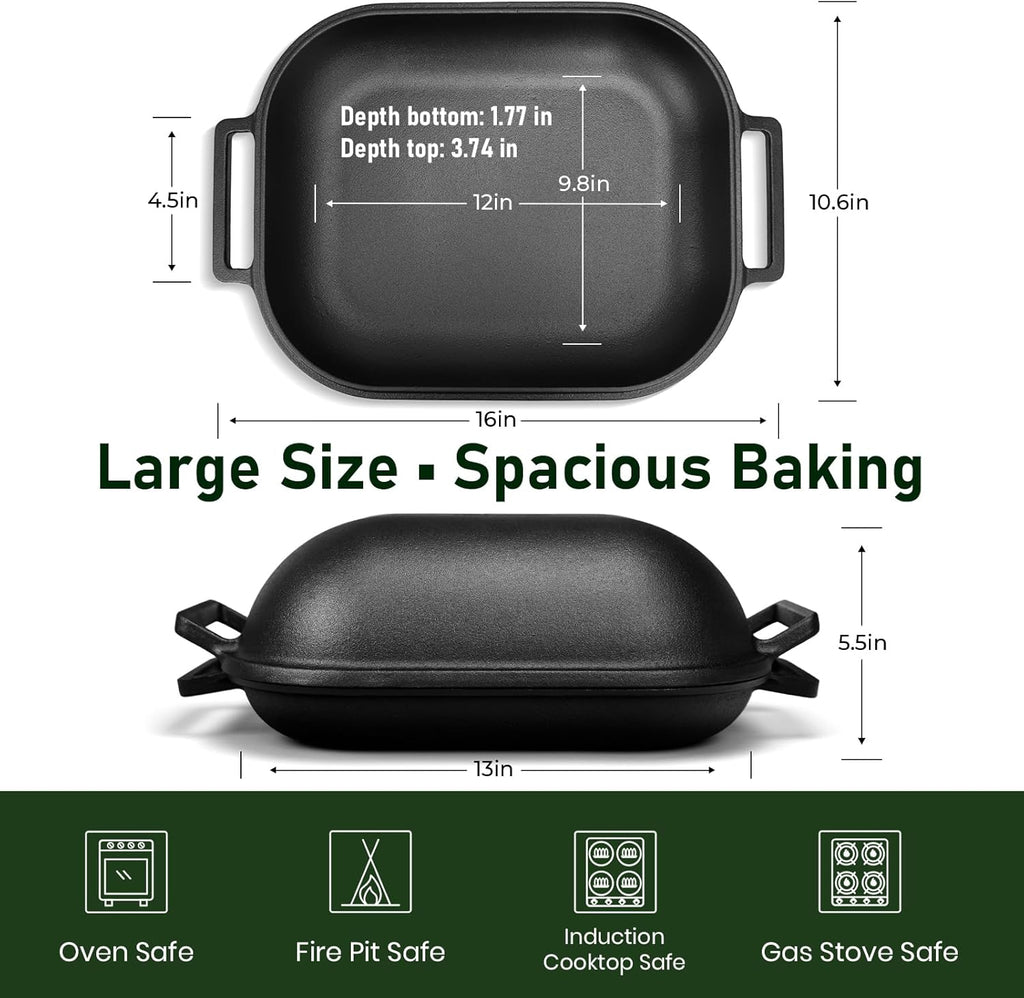 Cast Iron Bread Pan with Lid, 9.5QT Heavy Duty Pre-Seasoned Cast Iron Bread Pan for Homemade Breadmaking, Cloche Inverted Dutch Oven Set for Baking, 15 LBS Heavy Duty, Non-stick