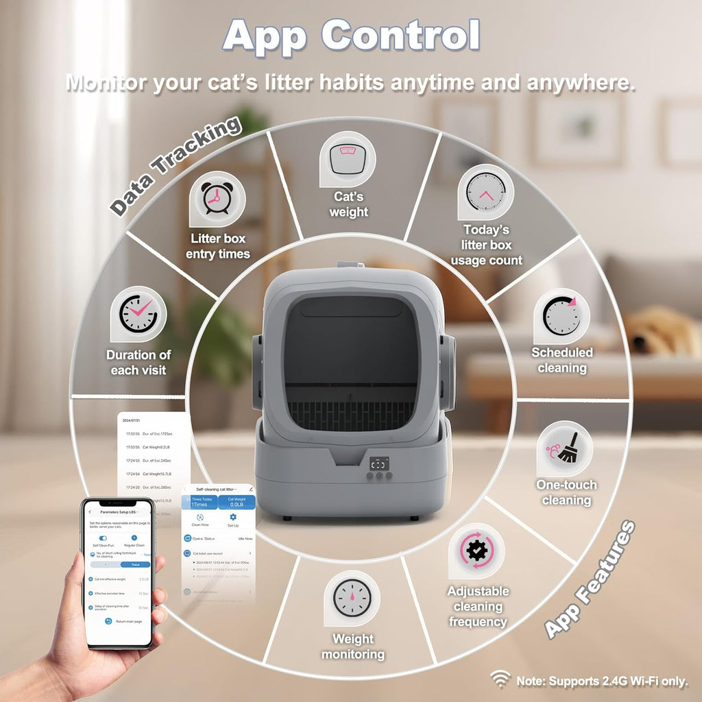 Ultimate Ears Automatic Cat Litter Box Self Cleaning - APP Control - Weight Monitoring - Ultra-Quiet, Medium Cats and Kittens Litter Box, Safe Anti-Pinch【Assembly Required】- Grey