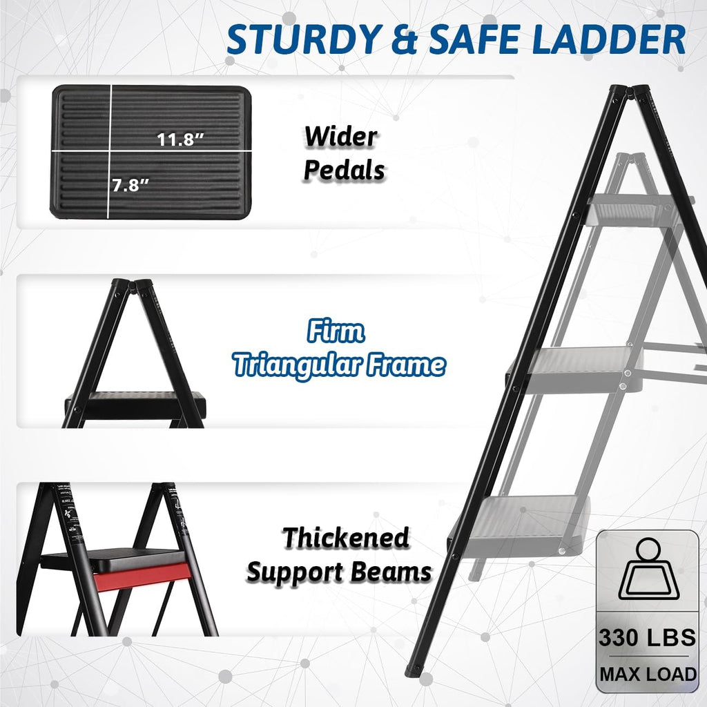 CharJenPro Folding 3 Step Ladder, Sturdy 330 Lbs Load Small Step Stool for Adults, Safer Full Steel Multi-use Kitchen Ladder for Home, Closet Step Stool Ladder with Wide Pedals, Black, 3-Step