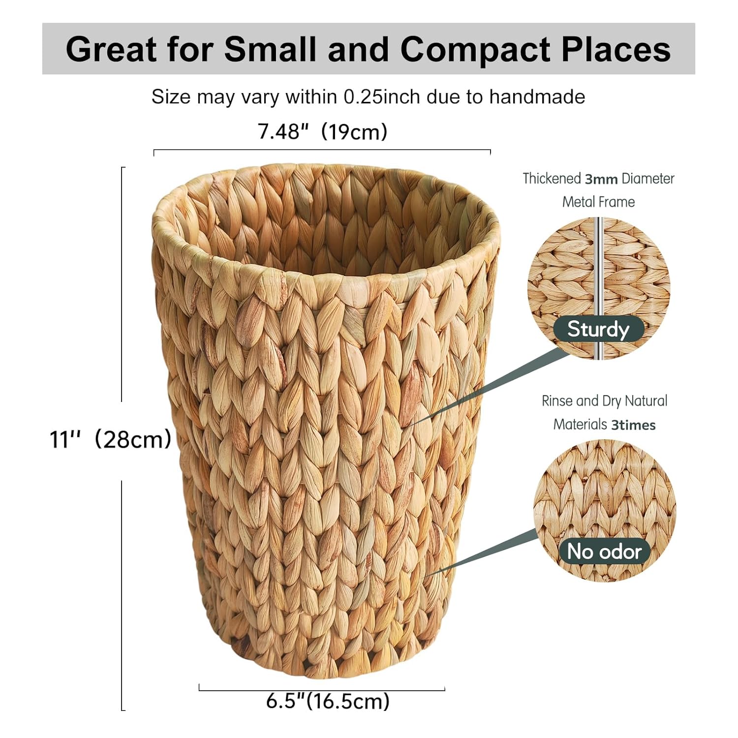 CharJenPro Wicker Trash Can,Small Bathroom Trash Can,Water Hyacinth Wicker Waste Basket for Bathroom,Boho Waste Basket for Bedroom,Home Office,Compact Spaces(2 Gallon Round)