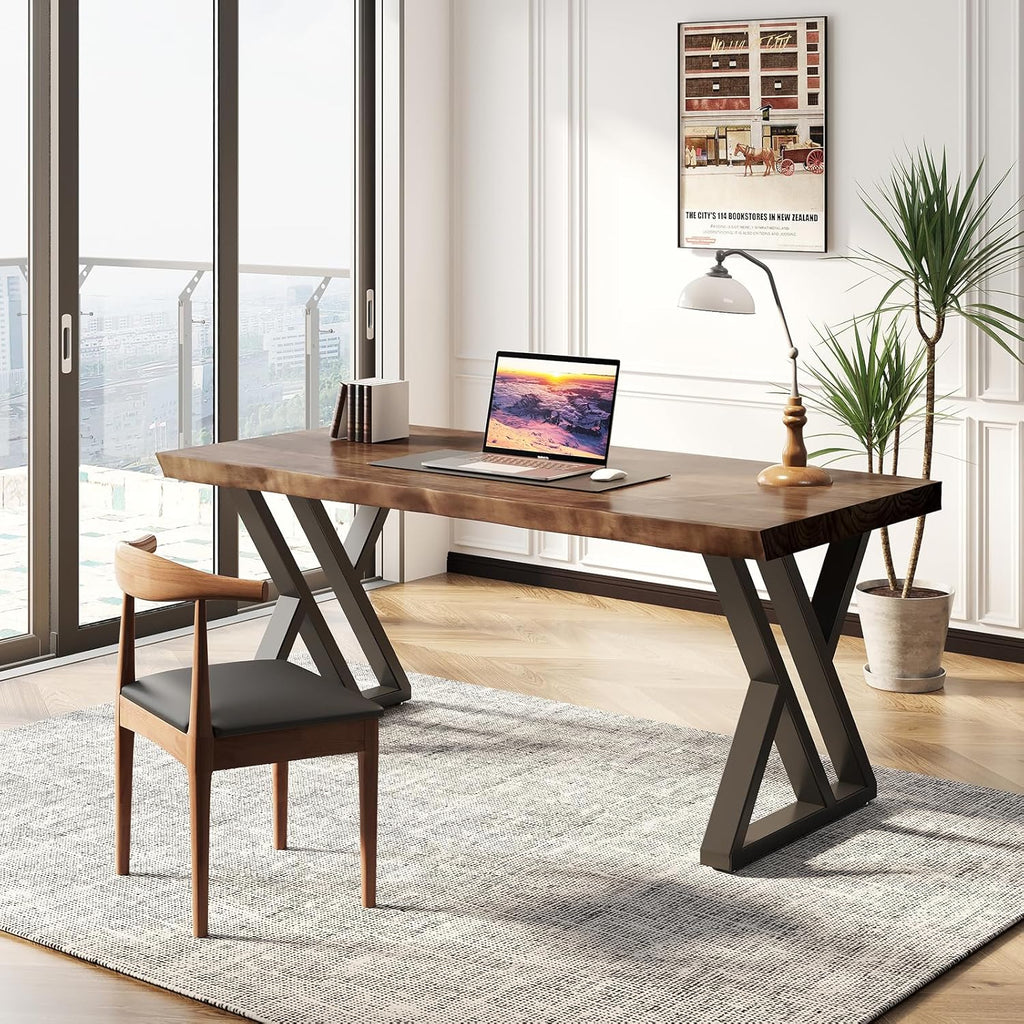 Ultimate Ears Solid Wood Desk 55 inches, Home Office Computer Desk Wooden Rustic Writing Desk Metal Modern Simple Design Executive Real Wood Desk(Rustic Brown)