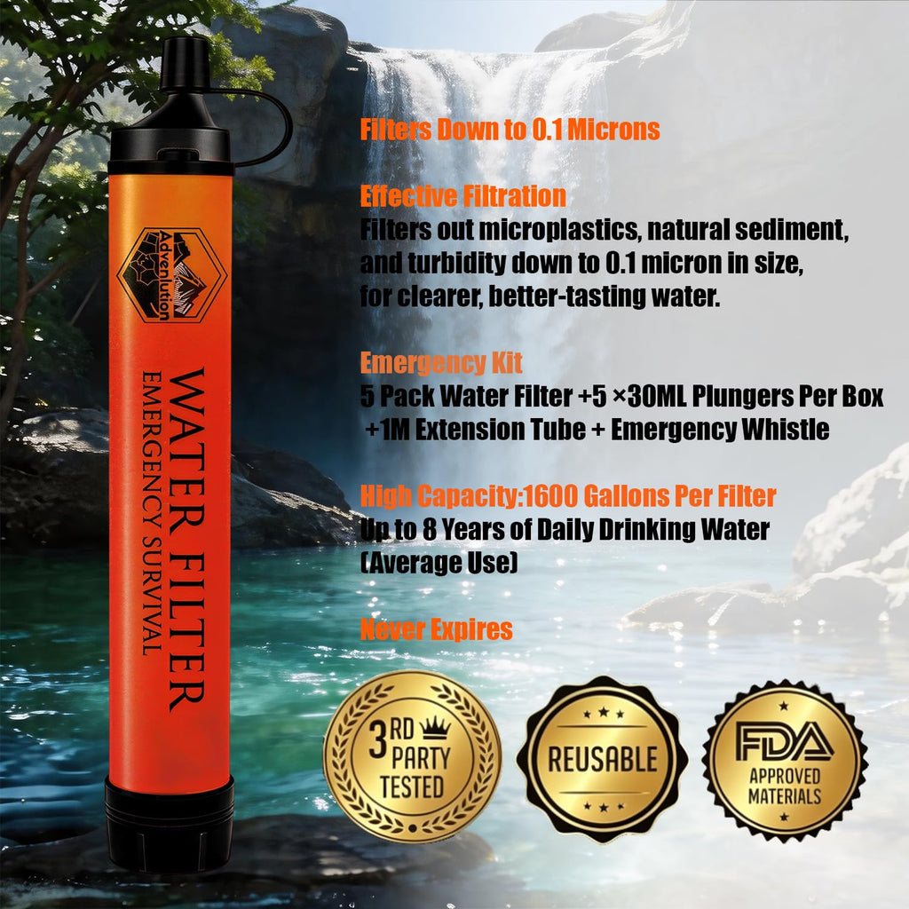 Ultimate Ears 5-Pack Personal Water Filter Straw with Emergency Whistle, Portable Reusable Survival Filter for Family Camping, Hiking, Backpacking & Emergency Preparedness