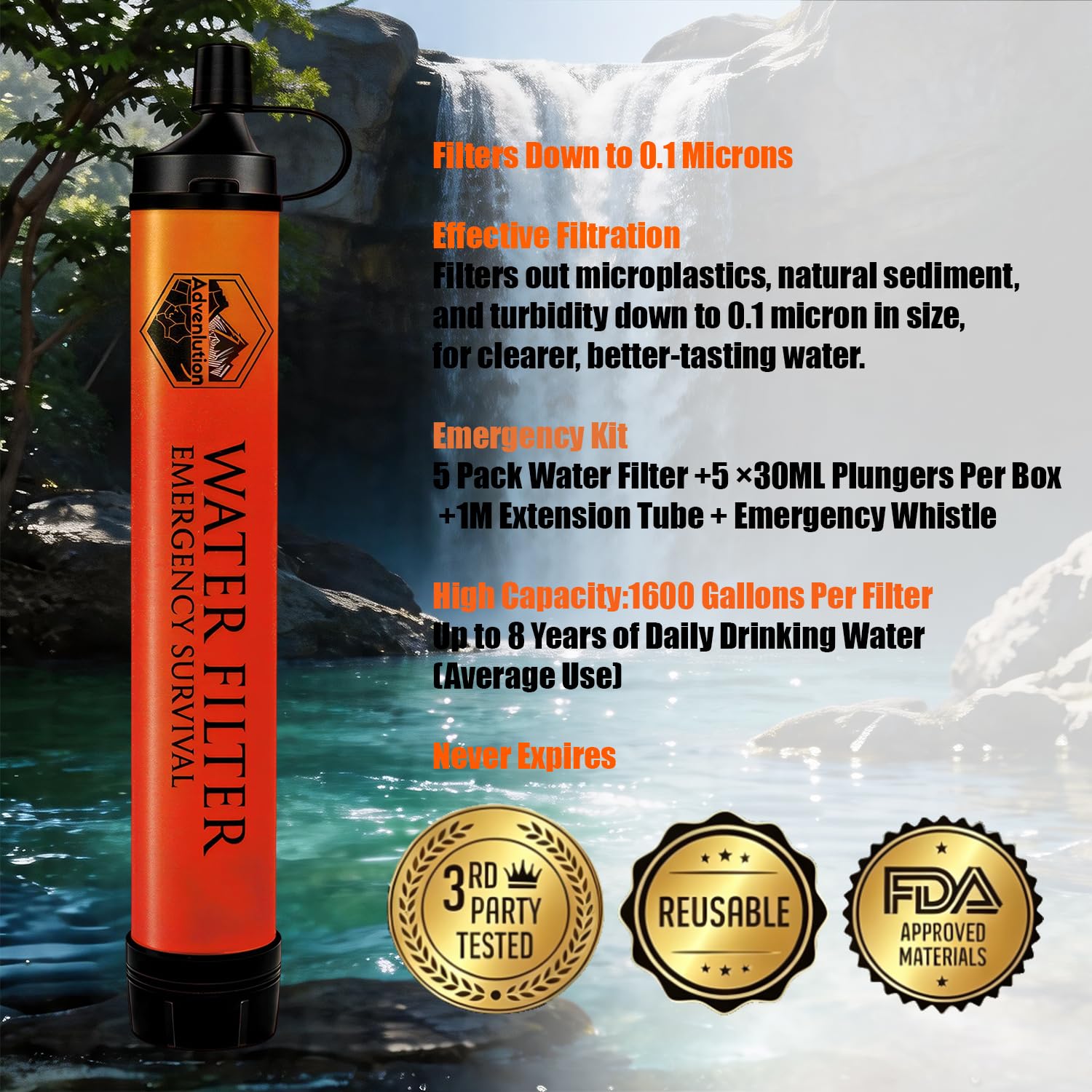 Ultimate Ears 5-Pack Personal Water Filter Straw with Emergency Whistle, Portable Reusable Survival Filter for Family Camping, Hiking, Backpacking & Emergency Preparedness
