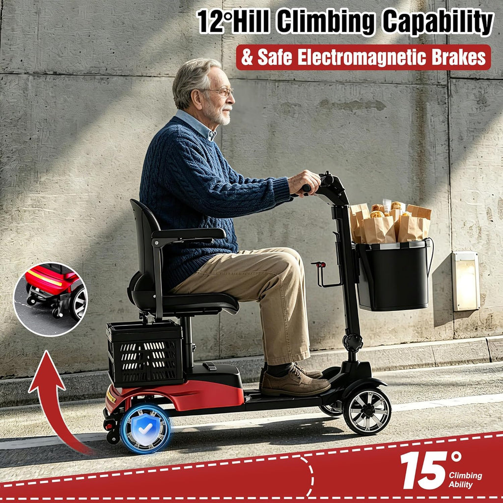 Mobility Scooter for Adults, 4 Wheel Motorized Mobility Scooter w/Storage Basket, 350LBS Capacity & Detachable Battery, 15Miles Electric Powered Mobility for Outdoor (Red, 15 MI-5)