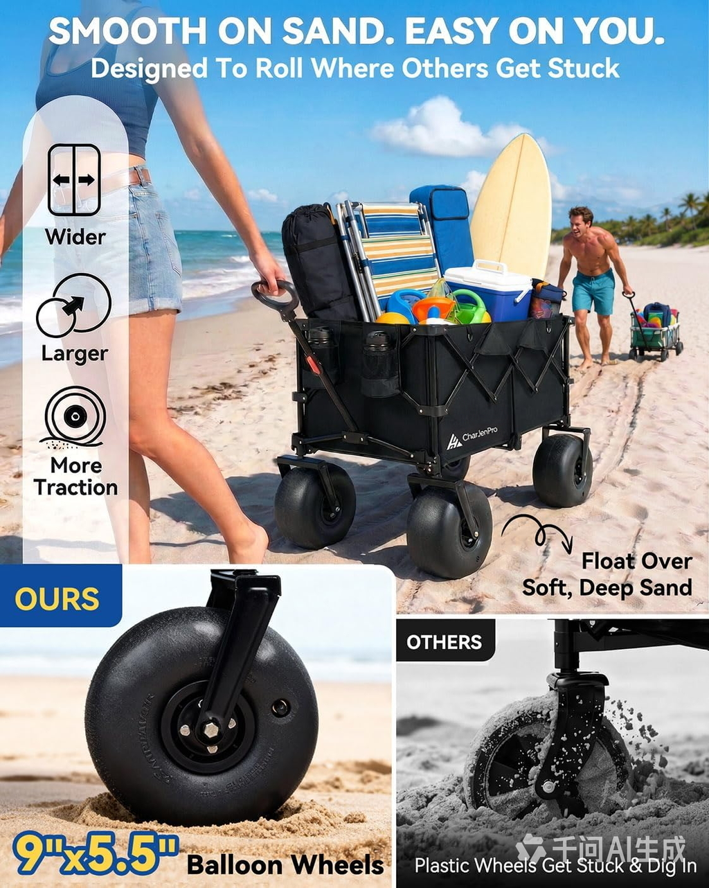 CharJenPro Beach Wagon with Balloon Wheels, 9" PU Tires Collapsible Wagon, 440lbs Heavy Duty Beach Cart with Big Wheels for Sand, Large Capacity Utility Wagons Carts Visit the CharJenPro Store