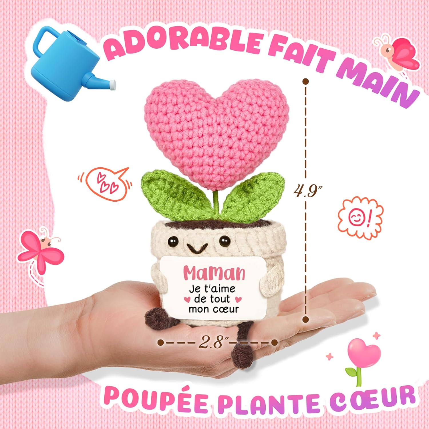 PSIL Cadeau Maman, Cadeau Anniversaire Maman - Décoration en Forme de Cœur Tricotée Rose, Cadeaux Fete des Meres, Cadeaux Mere Noel