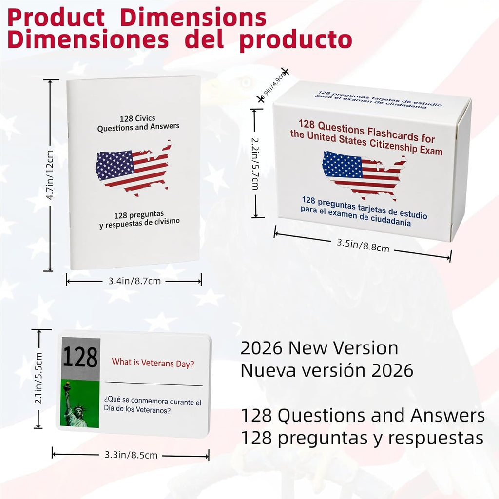 PSIL Upgrade US Citizenship Flash Cards 2026, New Version with Audio, N-400 Vocabulary Definition, Reading & Writing Test, 128 Q&A, Souvenir Pin, English & Spanish Portable Study Guide