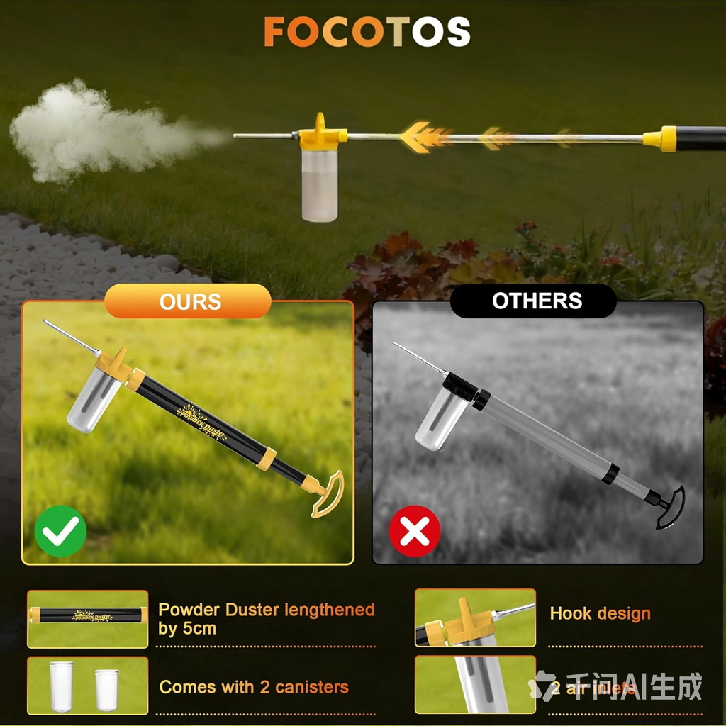 FOCOTOS Diatomaceous Earth Powder Duster, Powder Sprayer with Adjustable Length 4FT, Multi-Purpose Application for Indoor Outdoor Garden (Yellow)